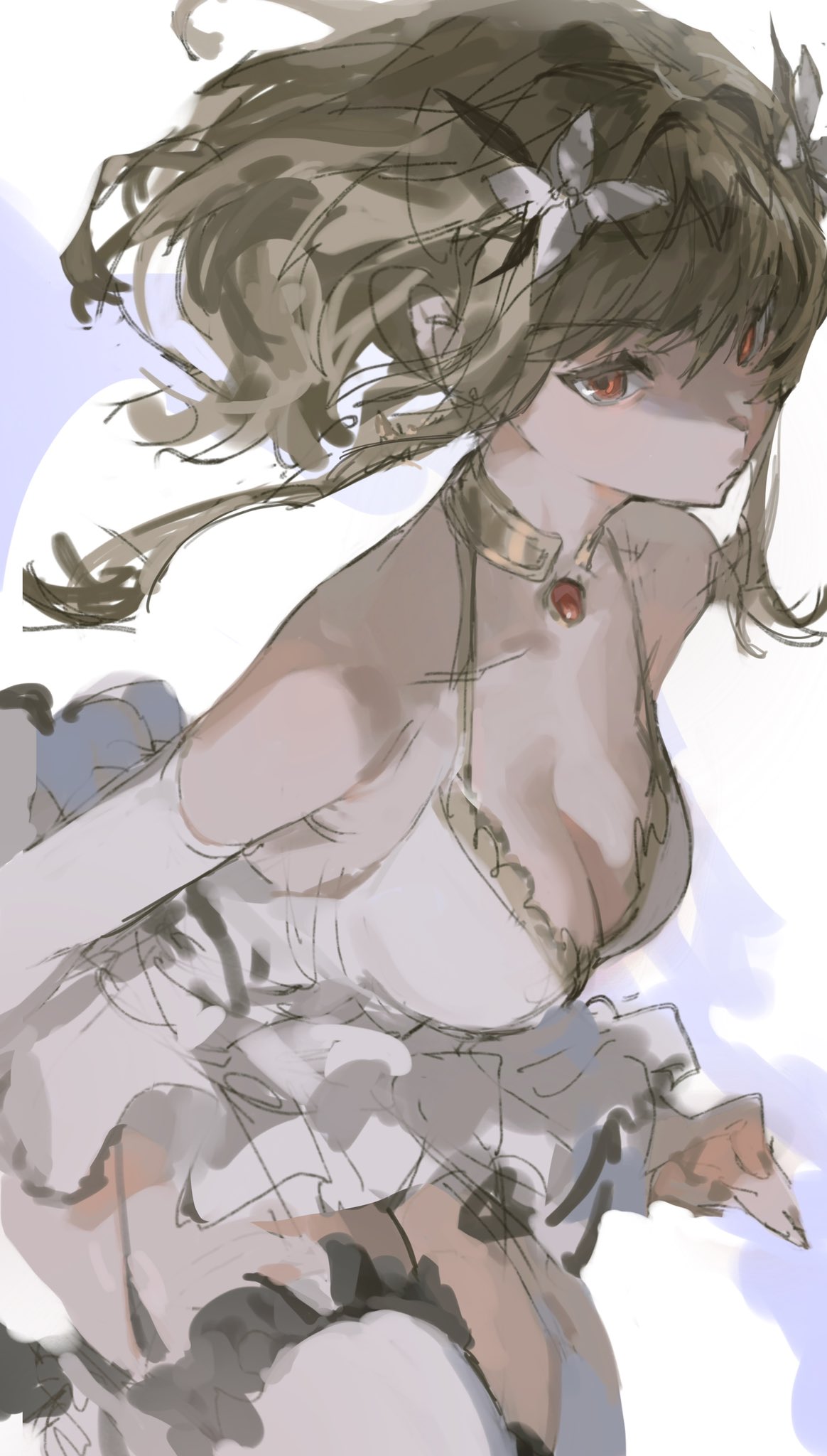a digital illustration of a young anime girl with long brown hair wearing a white dress. she has red eyes and is wearing a necklace with a red jewel. she is looking away from the viewer. the background is white.