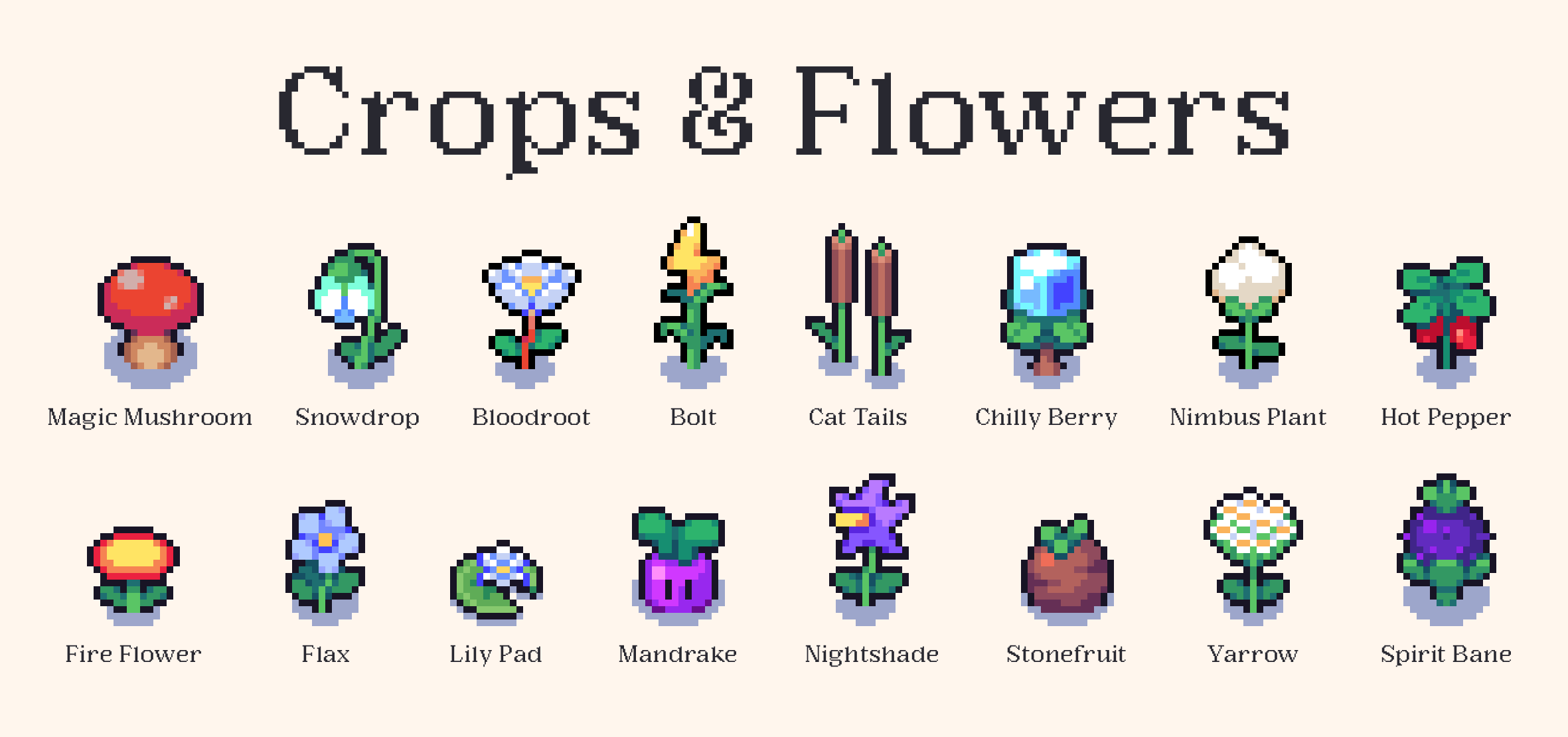 the image showcases a collection of pixel art representing various flora, categorized as "crops & flowers." each pixel art piece is accompanied by its name.