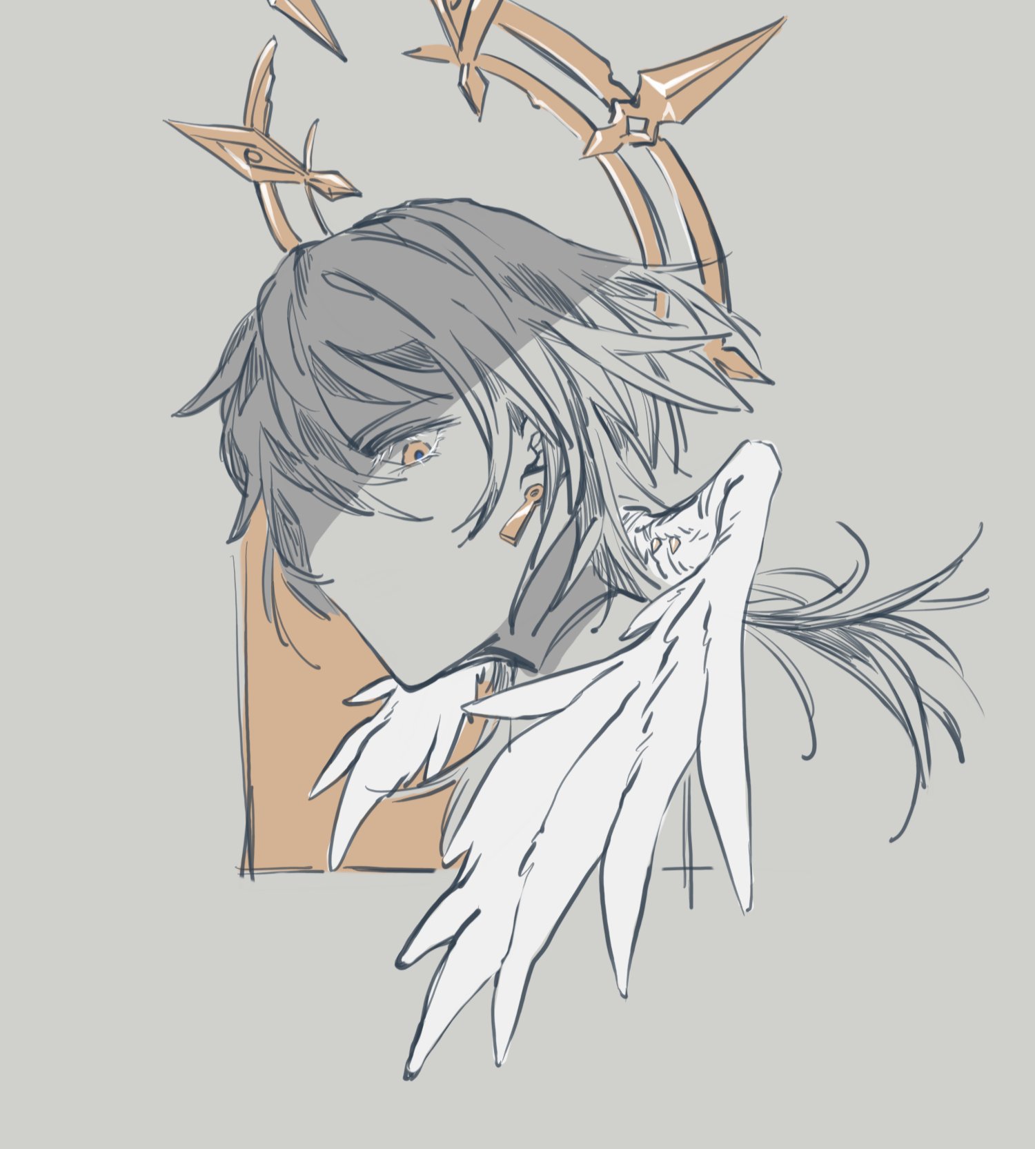 a drawing of an anime style male character with wings. the character has long, flowing hair and is wearing a halo. the wings are large and feathery, and the character is looking off to the side. the drawing is done in black and white, with some shading. it is a simple, but beautiful drawing.