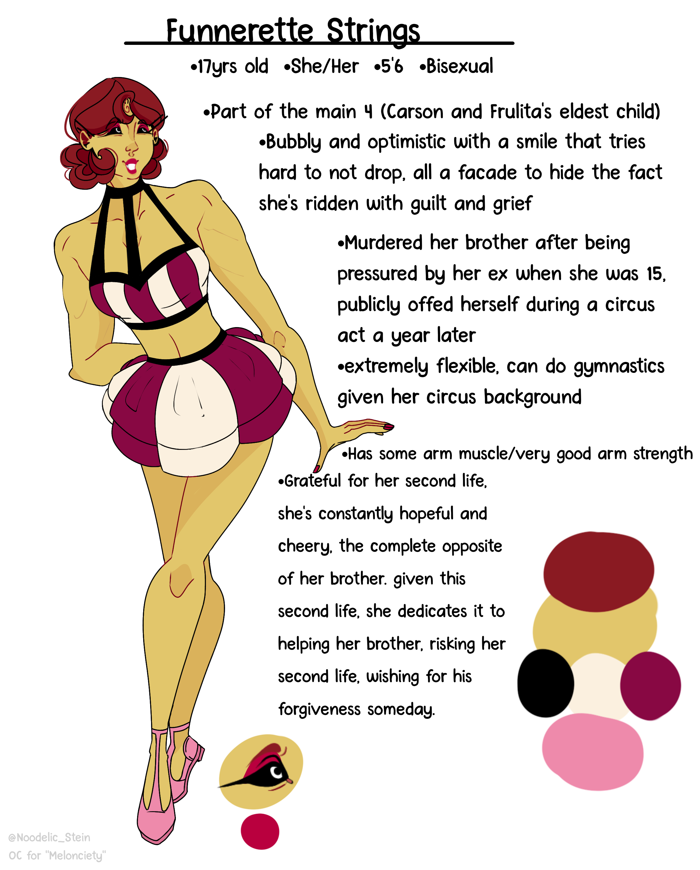 a digital character design of a young woman named funnerette strings. she's depicted in a colorful, harlequininspired outfit with a mischievous glint in her eye. text beside her details her personality, history, and key characteristics, revealing a complex past and a cheerful facade she uses to mask her inner turmoil.