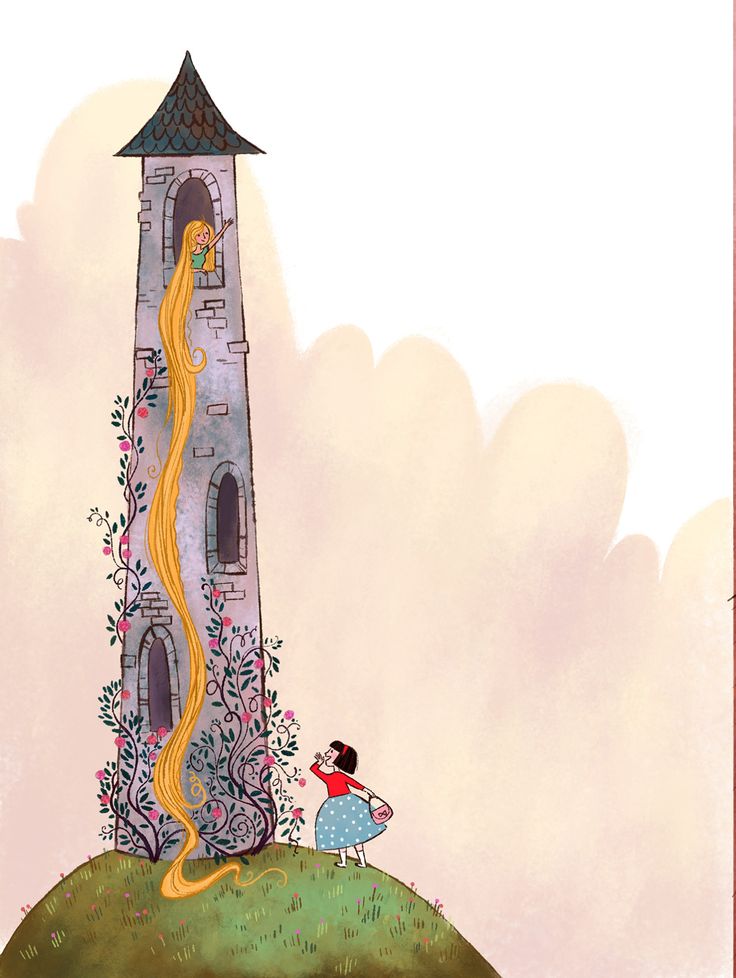 a storybook illustration depicts rapunzel in a tall, gray stone tower with a pointed roof, her long blonde hair cascading down to the ground. vines with pink flowers grow up the tower. at the base of the tower, on a grassy hill, stands a girl in a red shirt and blue polkadotted dress, holding a small basket. she appears to be looking up at rapunzel. the background is a pale pinkishbeige, suggesting a sky or clouds.