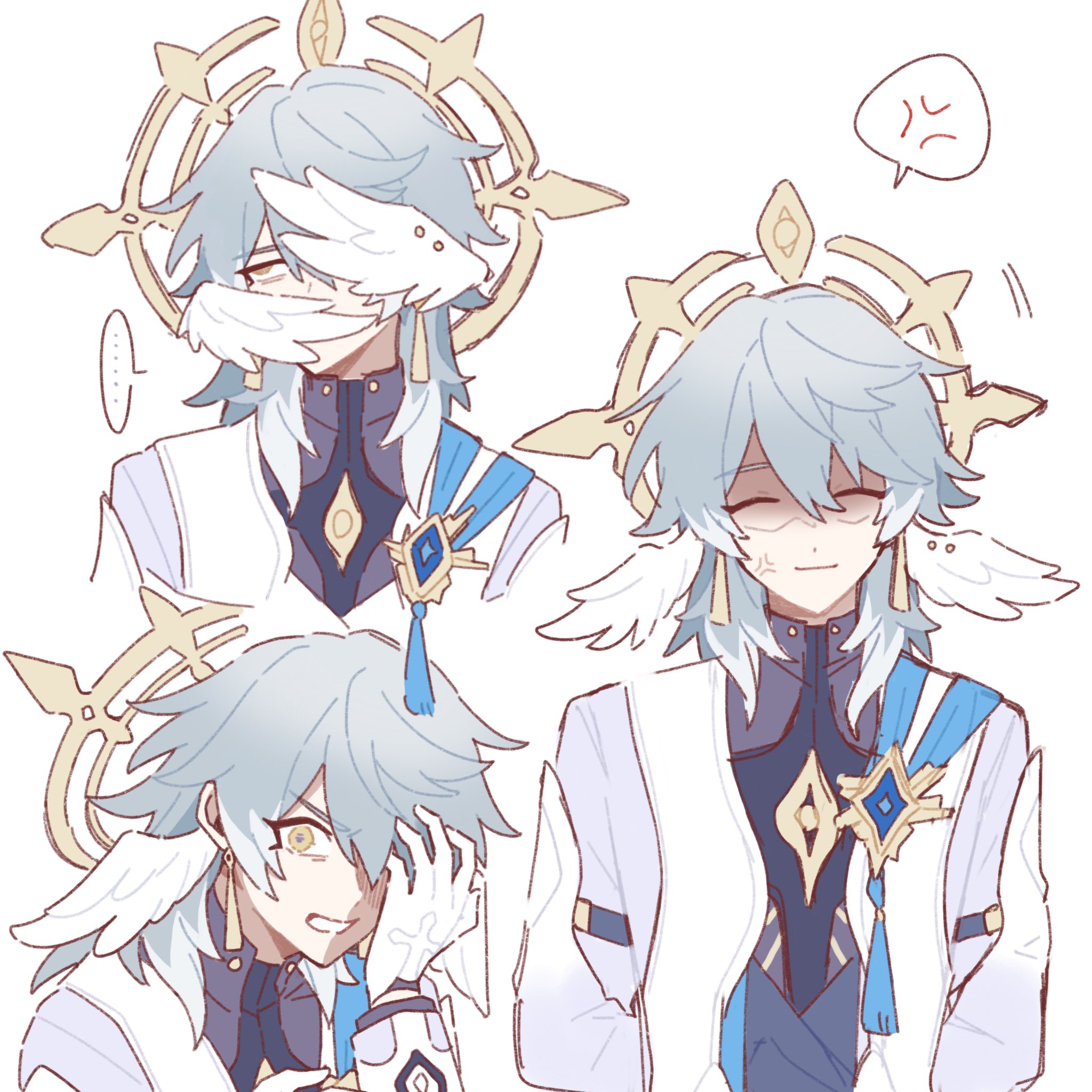he image contains a fanart of heizou from genshin impact. it features three different sketches of him, each showcasing a different expression and pose.  the first shows him with wings covering his eyes, seemingly shy or embarrassed. the second appears angry or frustrated. the third is shown with his hand over his eye, looking distressed or possibly crying.  all three images are drawn in a soft, pastel color palette with a slightly chibi style. they share similar design elements, including the white hair, blue accents, and halolike adornments.