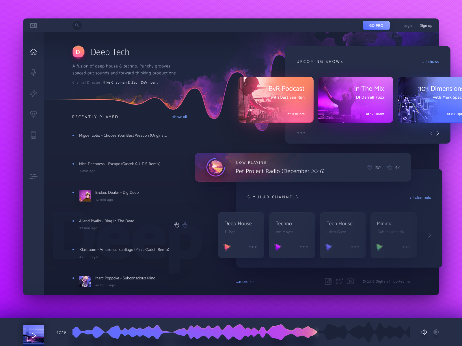 this is an image of a digital music app interface. the app is designed for deep house and techno music lovers. it features a list of recently played tracks, upcoming shows, a now playing section, and a list of similar channels. the interface is dark and minimalist, with a focus on the music content. the app has a modern, sleek design, with a clean layout and clear typography. the image shows the app's focus on curated electronic music content. the interface includes options to play, pause, skip, and control volume, as well as to select different channels and view upcoming shows. the image also features a prominent banner with the app's name and a description of its focus. this image is perfect for showcasing the app's userfriendly interface and its ability to provide a curated selection of electronic music.