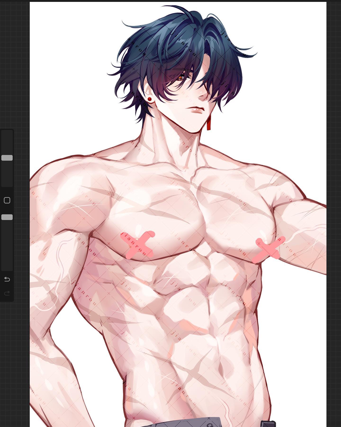 this anime illustration depicts a shirtless, muscular man with blue hair. he has a ripped physique with clearly defined abs and a toned chest. he is wearing bandages on his chest, and he has red earrings.  he is looking to the side, with his head slightly tilted.