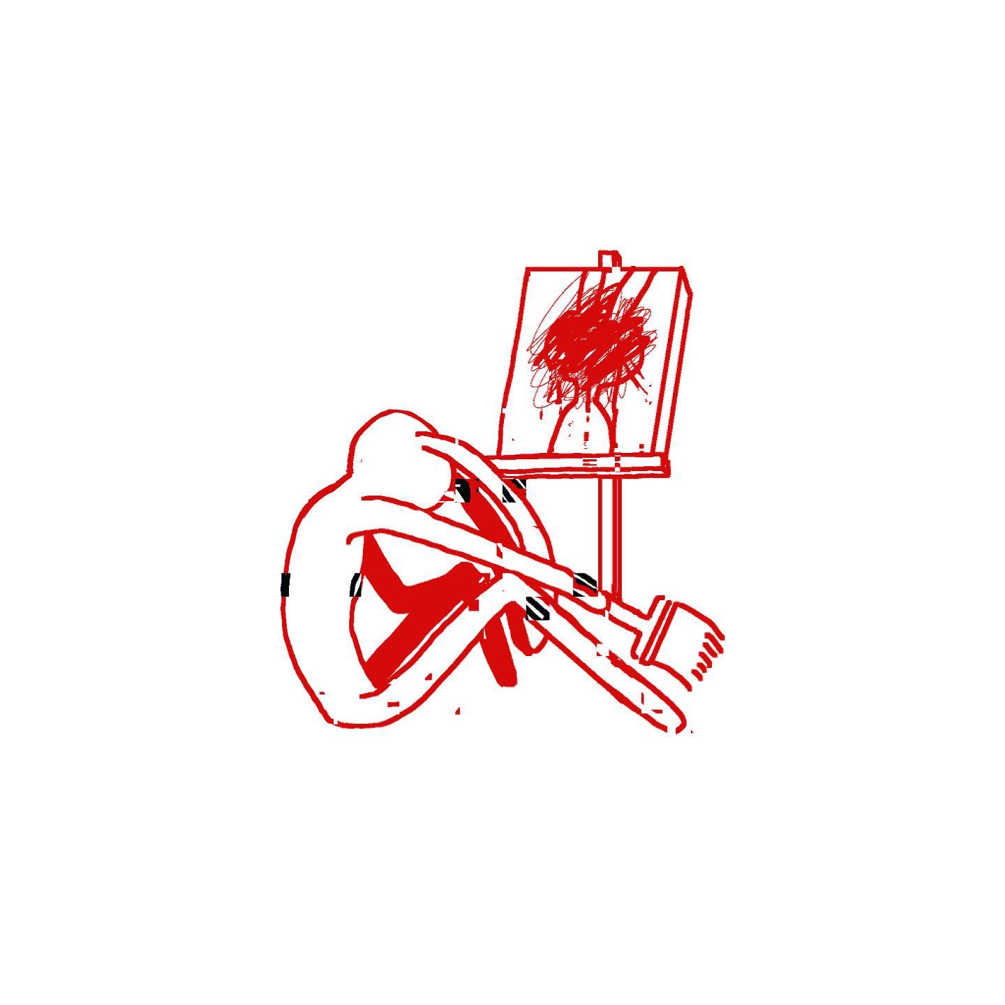a red stick figure is hunched over, holding a paintbrush in one hand and working on a painting that is on an easel. the painting is an abstract doodle of a flower. the image is minimalist, simple, and creative.
