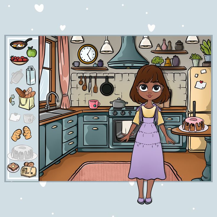 a cartoonstyle image shows a doll standing in a kitchen. the kitchen is fully furnished with blue cabinets, a sink, an oven, a refrigerator, and a table with a cake on it. there are also shelves with plants and kitchen items, a window with curtains, and a rug on the floor. the doll is wearing a yellow shirt and a purple apron.