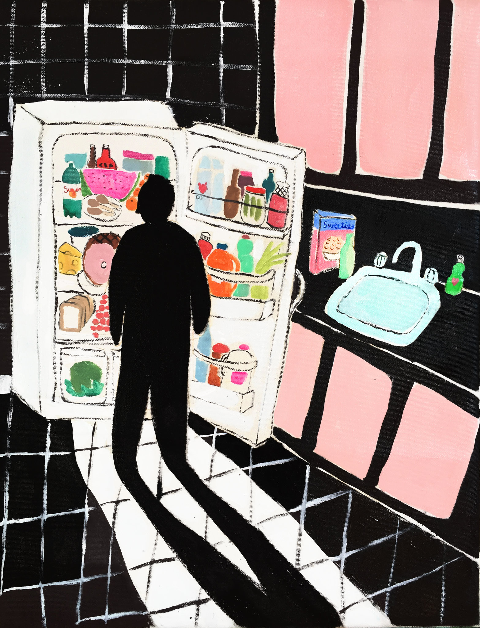 this painting depicts a kitchen scene where a person is standing in front of an open refrigerator looking inside. the person is in a dark silhouette. the refrigerator is stocked with a variety of food and beverages, like bottled sauces, fruits, vegetables, a watermelon, and a cheese wedge. the kitchen is stylized with pink and white walls. the floors are black with white squares that create a checkered pattern. the entire scene is set off by the bright light coming from the refrigerator, which creates a shadow of the person on the floor. the overall style of the painting is whimsical and stylized.