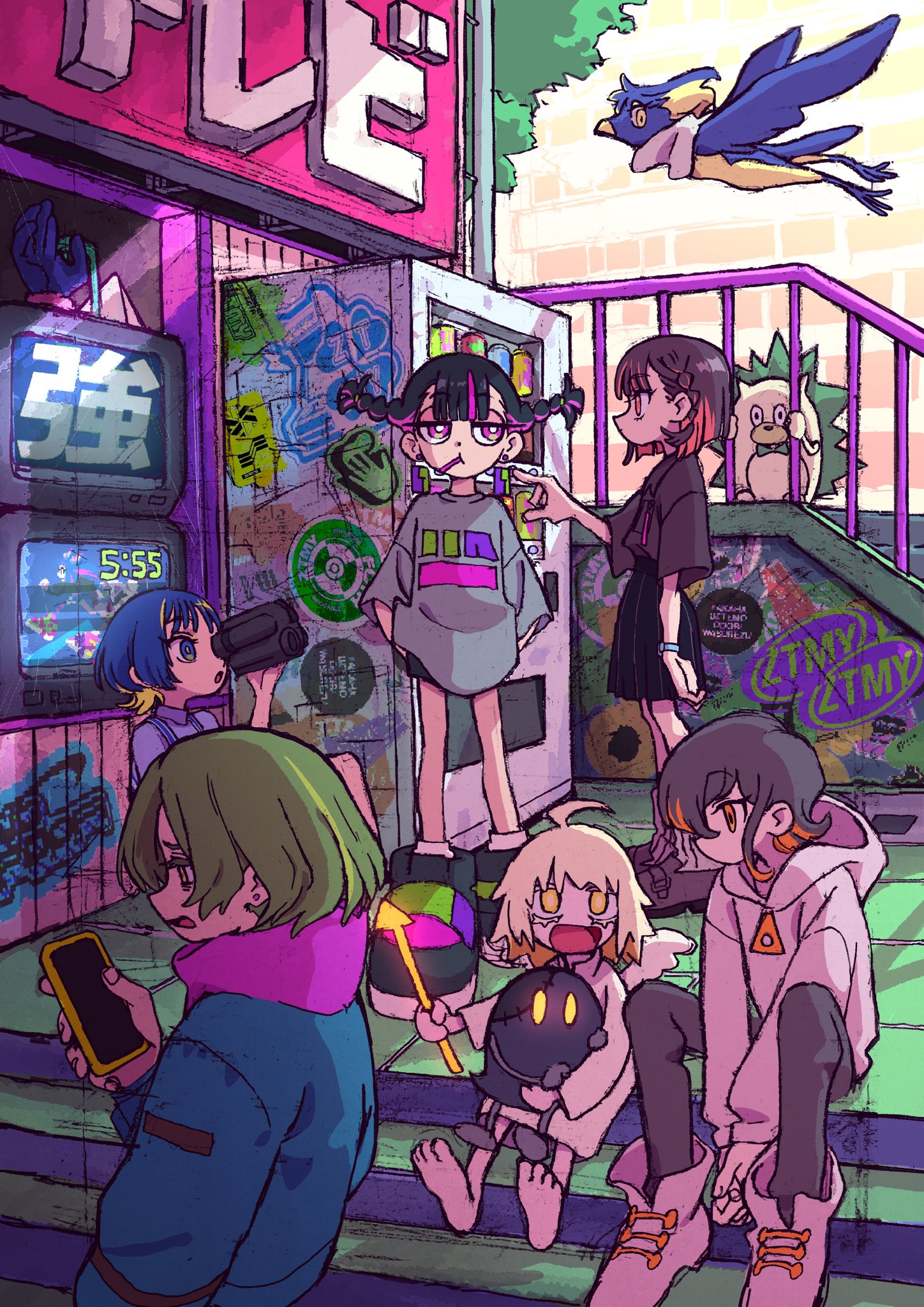 the image is a vibrant illustration of a group of animestyle friends hanging out in an urban environment. they are gathered around a staircase leading to a shop with a brightly colored vending machine in the background. the characters have unique hairstyles and clothing, showcasing a trendy streetwear style. the overall atmosphere is lively and cheerful, with bright colors and dynamic poses.