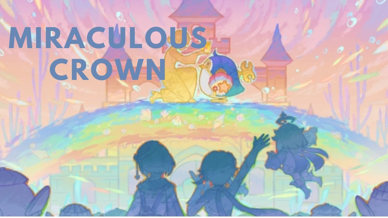 the illustration depicts a whimsical fantasy scene with a large, colorful castle in the background. there are three characters in the foreground, one of which appears to be giving a crown to a small, blue creature. the scene is filled with vibrant colors and a dreamy atmosphere.