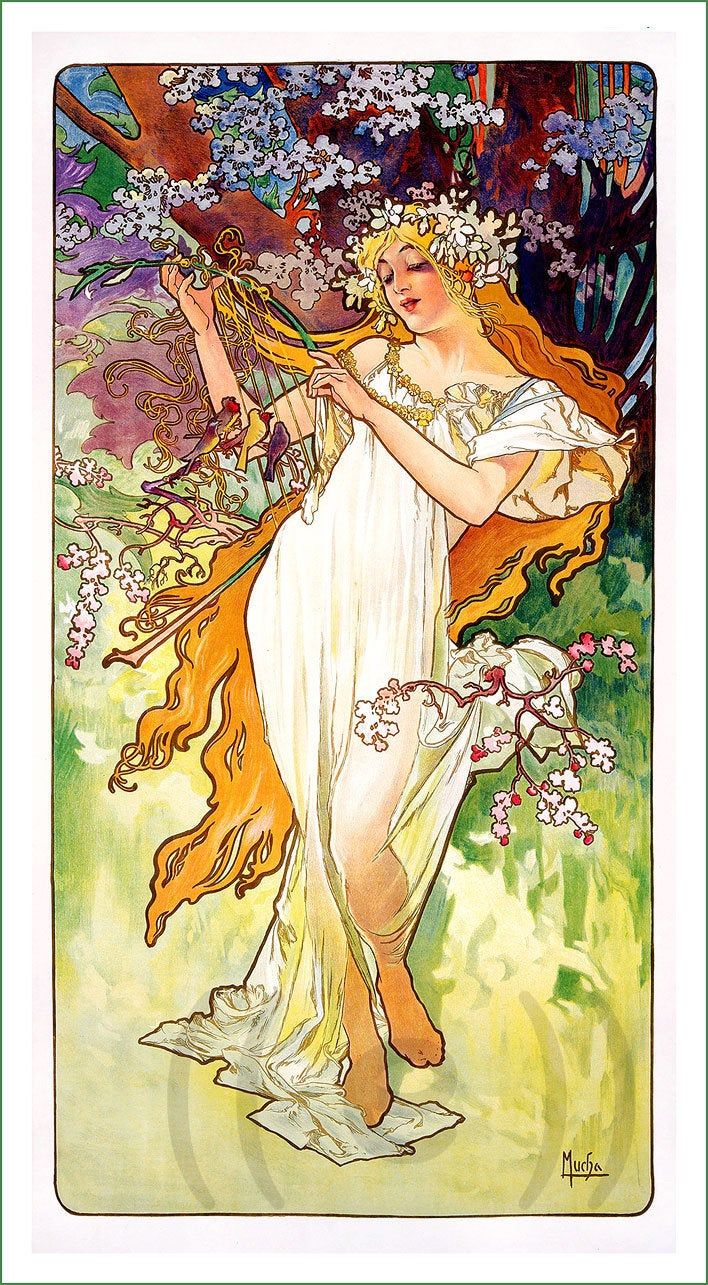 the image is a vibrant art nouveau poster by alphonse mucha.  it depicts a beautiful woman, seemingly representing spring, adorned in a flowing white dress and a floral crown. her long, flowing orange hair blends with the surrounding blossoms.  she holds a lyre or harp, suggesting music and the beauty of nature. the colors are pastel and vivid, typical of mucha's style.  the background is lush with blooming trees and flowers, creating a sense of springtime joy and serenity. the overall style is delicate, elegant, and evokes a sense of femininity and beauty.  the artist's signature, "mucha," is visible in the bottom right corner.