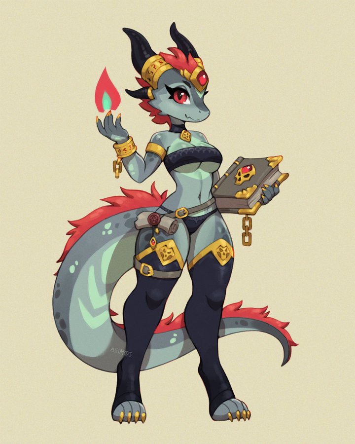 this illustration depicts a female dragon anthro, standing with a book in hand and a small flame in her other hand. she is wearing golden armor and jewelry with a red and black bikini top, and her dragon tail is long and blue with green scales. her skin is green, with a hint of blue. she looks confident and powerful. she is a fantasy character that is likely a mage or sorceress. the background is a light beige color. the illustration is done in a cartoon style.