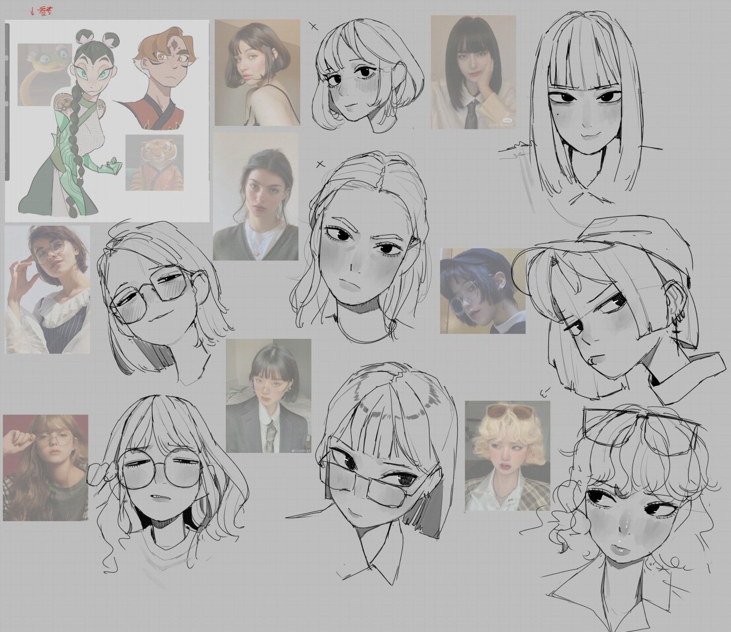 a digital art practice sheet with multiple sketches of female faces with various hairstyles and some wearing glasses. the style is line art with no color except for a grey background.  the faces take inspiration from some photo references.