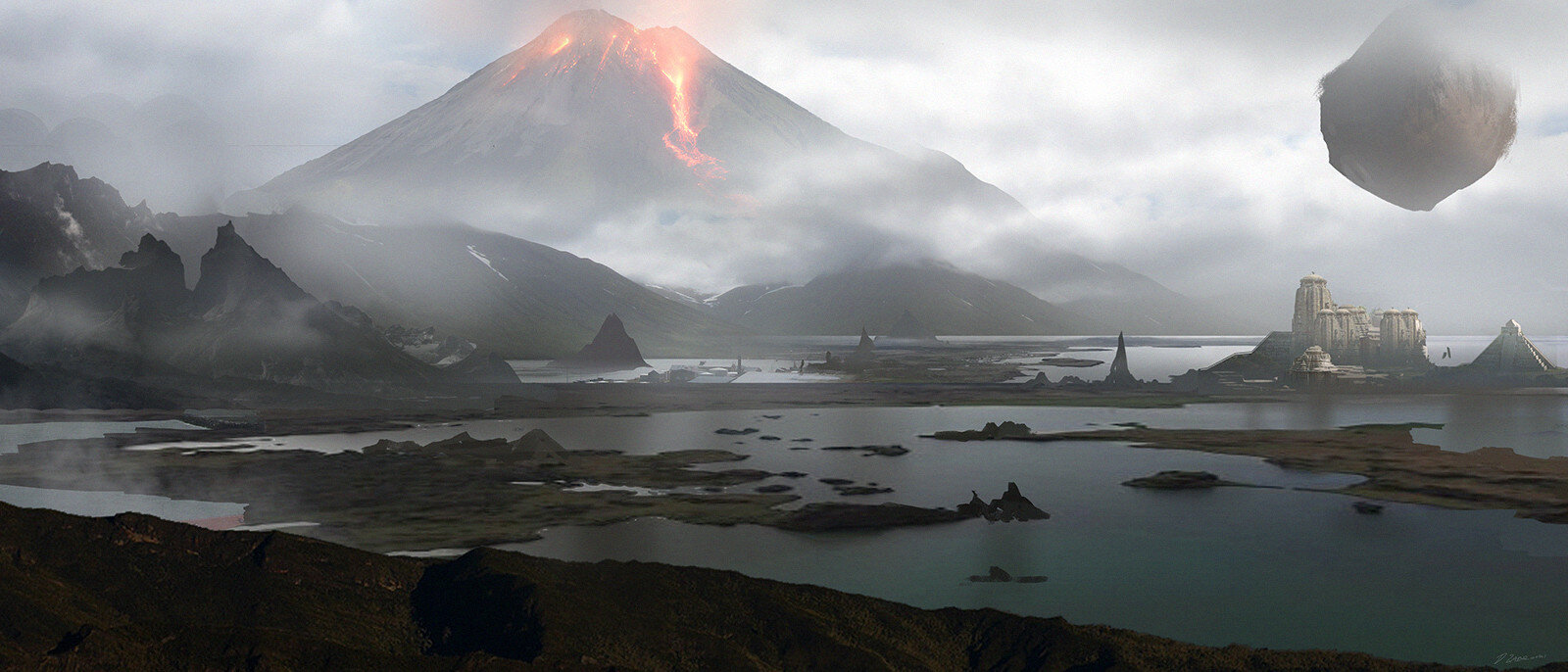 a painting of a fantasy landscape with a large, erupting volcano in the background, and a city on a small island in the middle of a body of water in the foreground. the scene is shrouded in fog and mist, and there is a large, floating rock in the sky. the sky is grey and cloudy. the scene is a beautiful and surreal blend of nature and architecture.