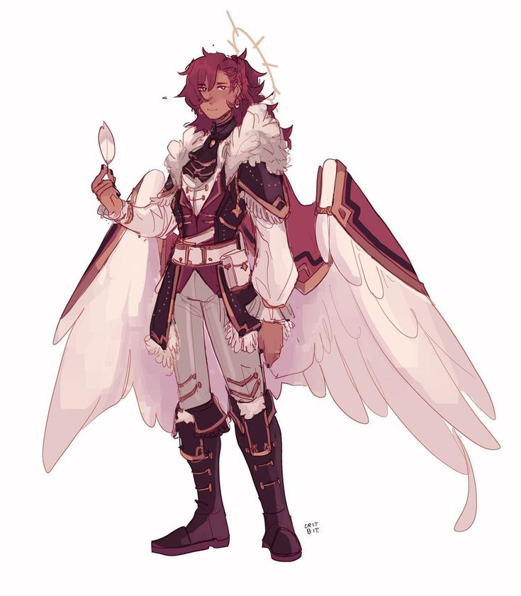 this is a digital illustration of an animestyle character, dressed in a white, black, and red, elaborate outfit, with feathery white wings and an angelic halo.