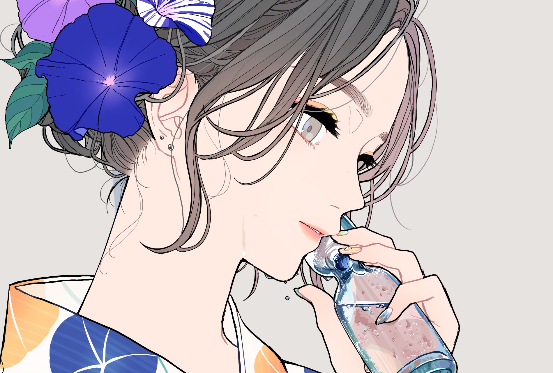 a closeup animestyle portrait of a young woman in a kimono drinking ramune. she is shown in profile, gazing downward with a slightly melancholic expression. a single teardrop is visible on her cheek. she is holding a ramune bottle up to her lips with both hands. her hair is partially up, with blue and white flowers adorning it.