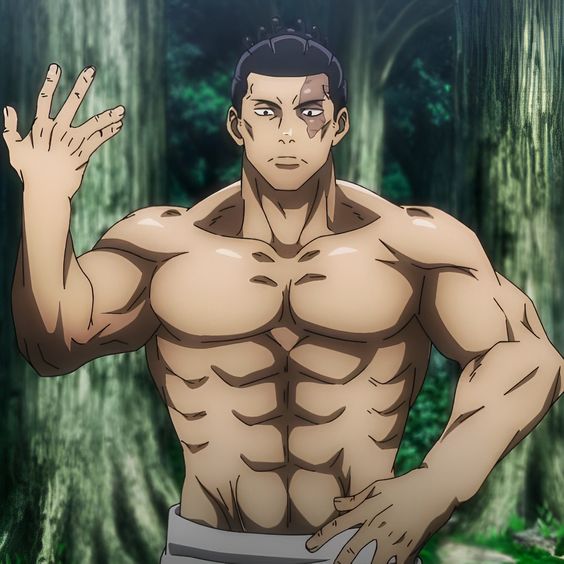 a muscular, barechested anime man stands in a forest, his left hand raised and right hand at his waist. the background features towering trees, creating a sense of depth and scale. the lighting suggests a daytime setting with dappled sunlight filtering through the foliage.