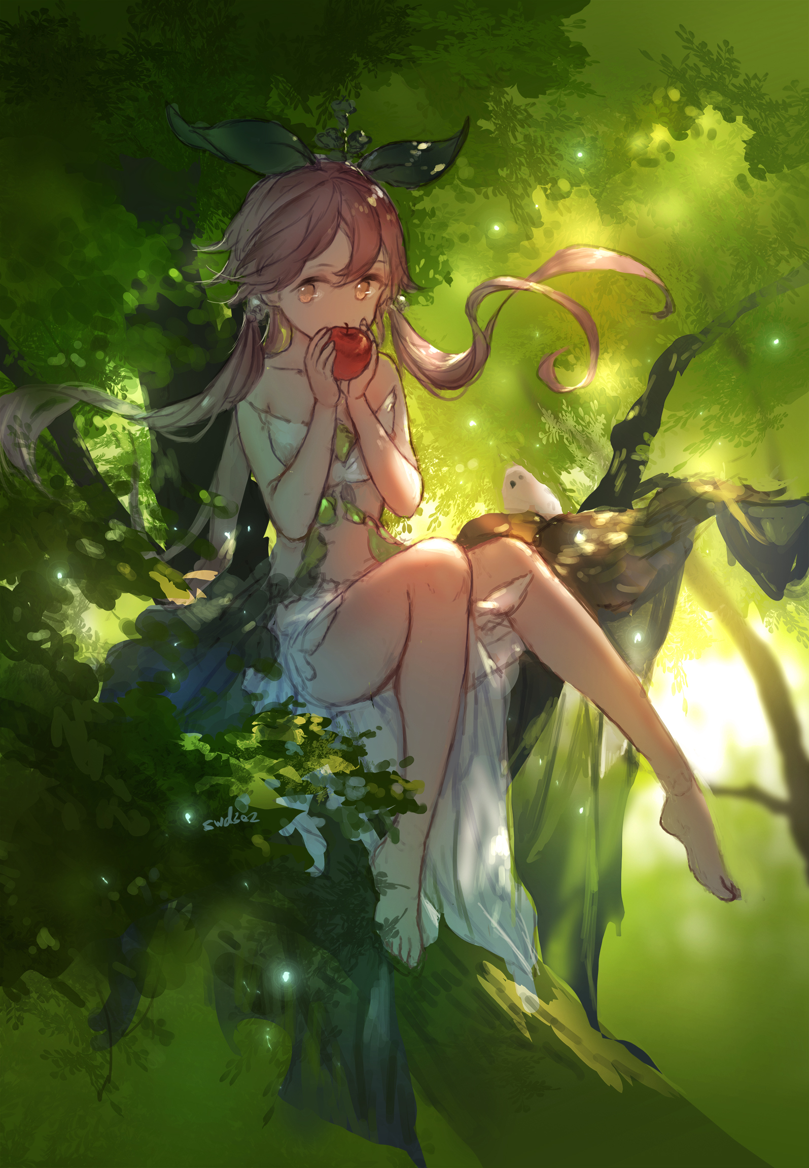 he image is a digital painting of a beautiful animestyle girl sitting on a tree branch in a lush green forest. she has long pink hair and is wearing a flowing white and green dress. she is holding an apple and appears to be enjoying herself. the atmosphere is peaceful and magical, with sunlight filtering through the leaves.  a small white bird is perched on the branch nearby. the overall style is whimsical and enchanting.