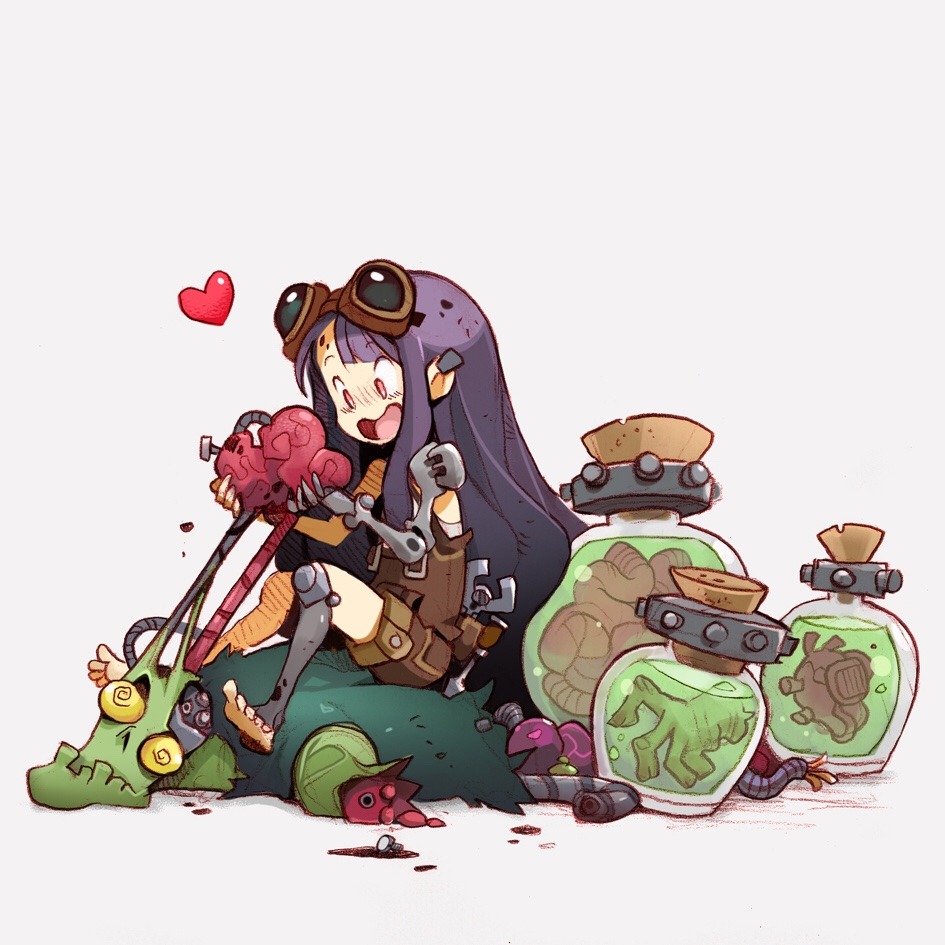 a brighteyed girl with goggles perched atop a defeated monster, gleefully holding a heart in her mechanical hand.  she's surrounded by jars filled with strange creatures and a few tools of her trade. a single pink heart floats above her head. the scene suggests a whimsical blend of magic, science, and perhaps a touch of dark humor.
