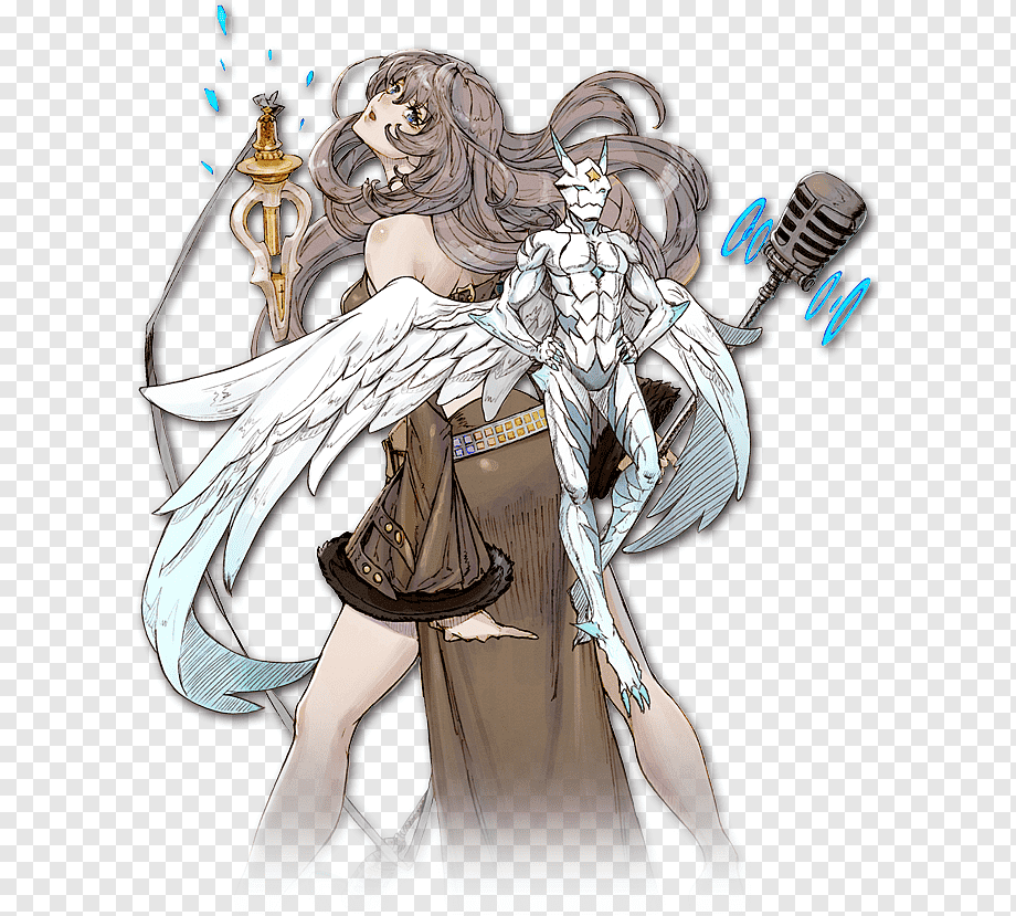 the image showcases a female character with long, flowing gray hair, drawn in an animeinspired style. she's adorned with large, feathery white wings, implying an angelic nature. her attire includes a brown, furtrimmed dress. a white, dragonlike creature with intricate markings stands beside her, perched on her arm. she holds a detailed staff in one hand and a vintagestyle microphone in the other, suggesting a connection to both magic and music. the backdrop is a clean white, allowing the character and her companion to stand out prominently.