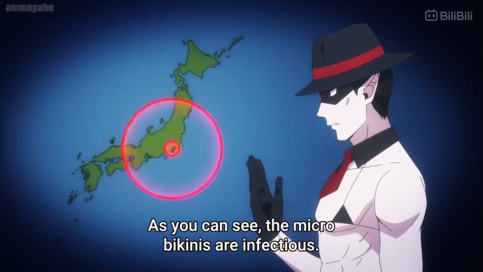 a screenshot from an anime, showing a man in a white suit and hat, pointing at a map of japan. a red circle highlights an area on the map.  the text "as you can see, the micro bikinis are infectious." suggests a humorous take on a serious situation, likely a viral outbreak or some form of widespread phenomenon related to "micro bikinis".