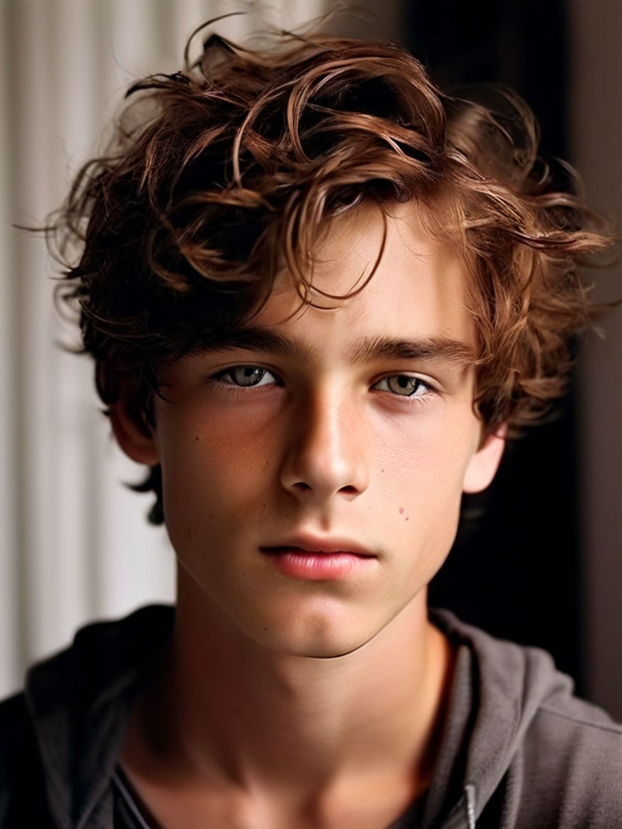 a close up portrait of a young man with curly brown hair and green eyes. he is wearing a dark gray hoodie and has a serious expression on his face. he is looking directly at the camera. the background is out of focus.