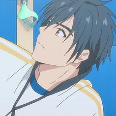 a closeup illustration of an animestyle male character. he has short, dark blue hair and an eye patch over his right eye. he is wearing a white and blue athletic shirt with yellow stripes and is looking upwards and to the left. the setting appears to be a locker room with a light blue wall. the lighting is soft and diffused.
