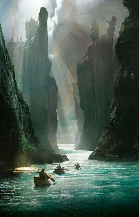 the image depicts a fantasy landscape with large statues flanking a river. three boats are navigating the river, which is surrounded by steep cliffs and mountains. sunlight is streaming through the gap between the cliffs, creating a dramatic effect.