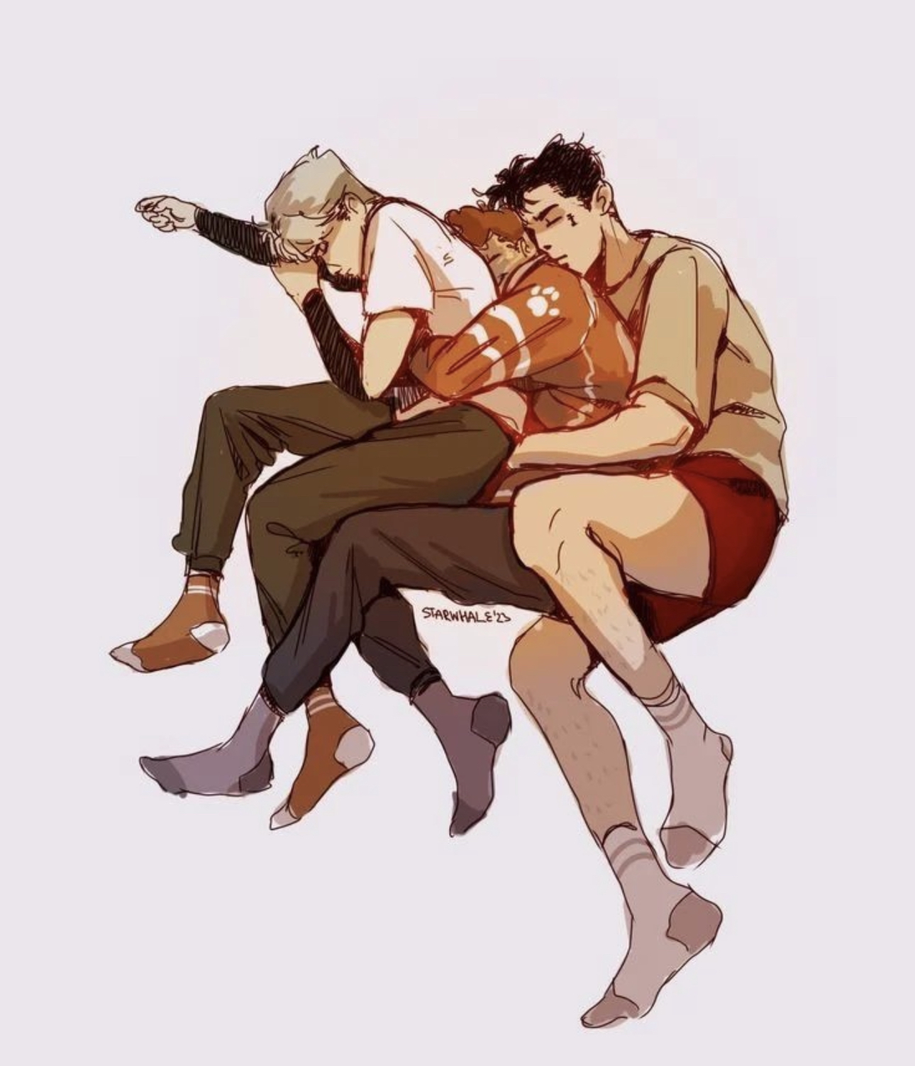 the illustration shows three boys embracing each other comfortably. the illustration has a soft and warm tone, giving a feeling of comfort and peace.