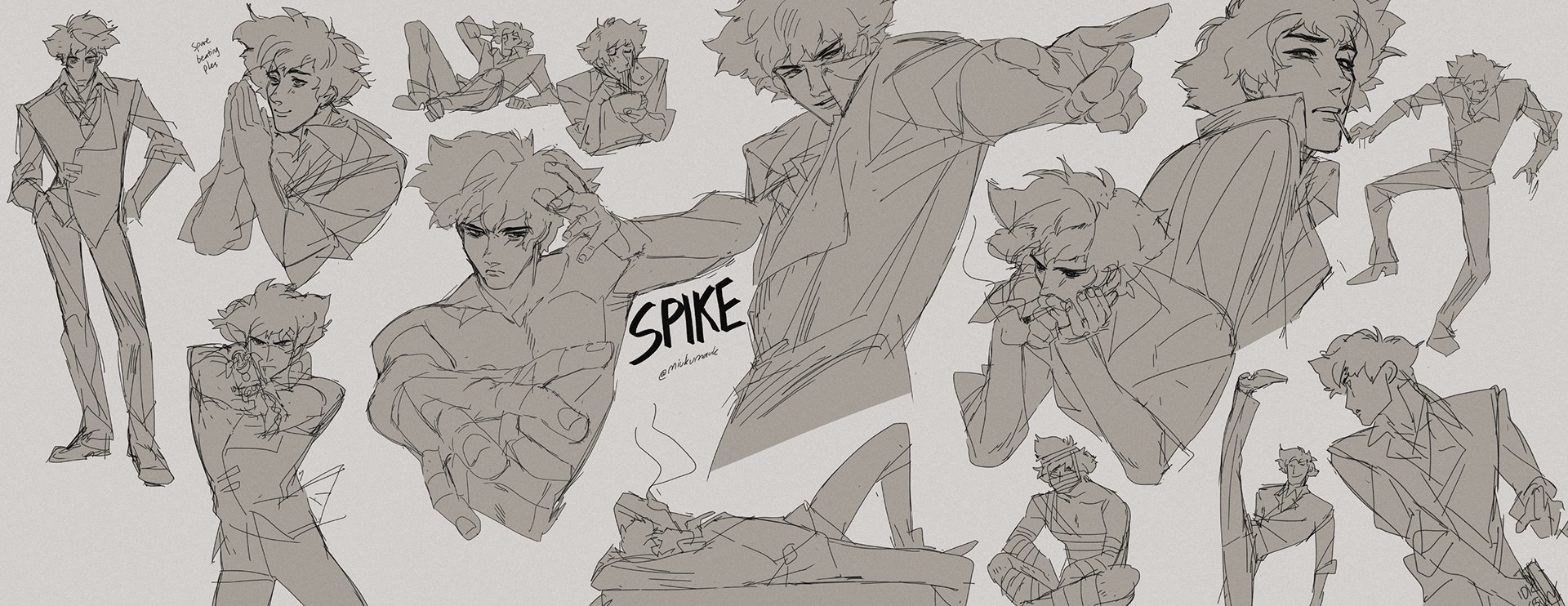a handdrawn sketch of the anime character spike spiegel from cowboy bebop. the drawing is composed of multiple sketches of spike in different poses and expressions. the drawings range from casual poses, like standing and sitting, to dynamic action poses, like drawing a gun and throwing a punch. the drawings are done in black and white ink, with a minimalist style and focus on the character's anatomy and pose. the artist has included the characters name, "spike", and their instagram username, "@miikirumade", at the bottom of the drawing.