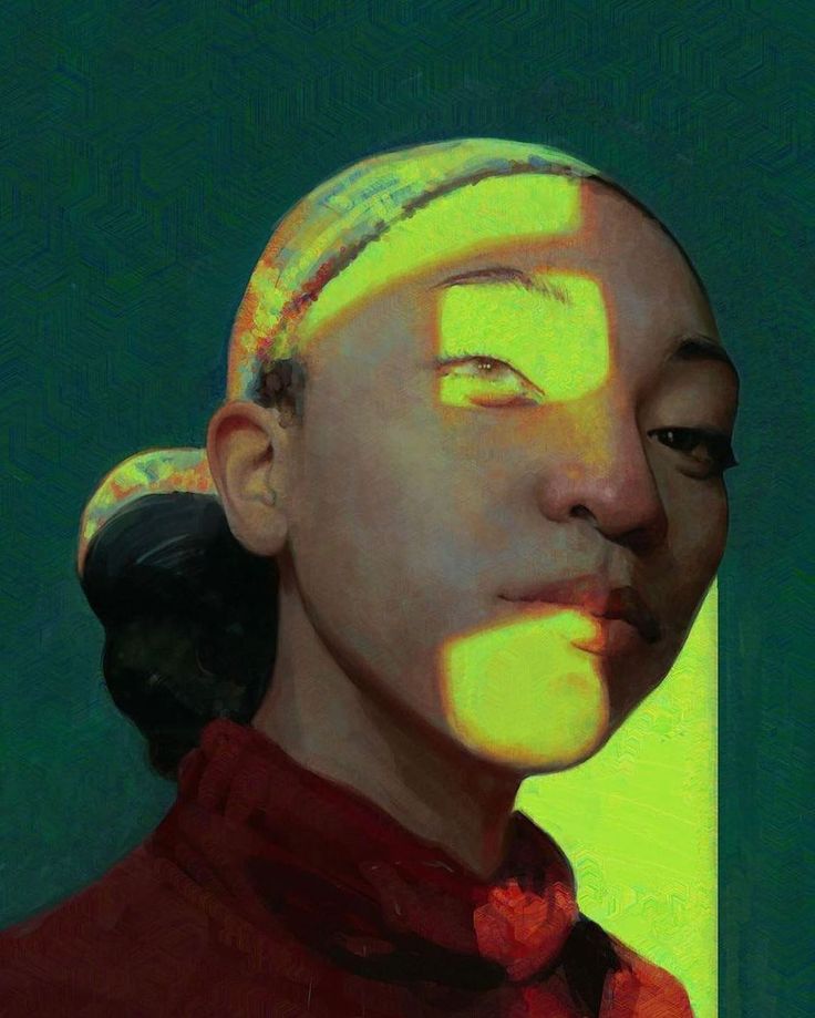 a portrait of a woman with dark hair pulled back, wearing a red shirt, with a square of bright yellowgreen light shining on her face against a dark green background. the light creates a dramatic effect, highlighting parts of her face. the style is reminiscent of a painting.
