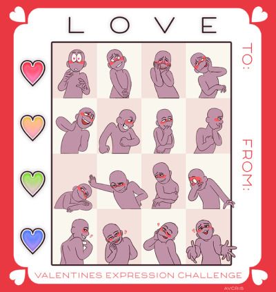 this image is a valentine's day expression challenge. the challenge is to draw a character in each of the boxes, with each box showing a different expression. the expressions range from shy to flirty. the image includes a heart, with a note that says "love" and another that says "to" and "from". there are 16 boxes, with 16 different expressions.  there is also a rainbow of hearts in the left hand side of the image, indicating different emotions.  the base of the image is white, with a red border.