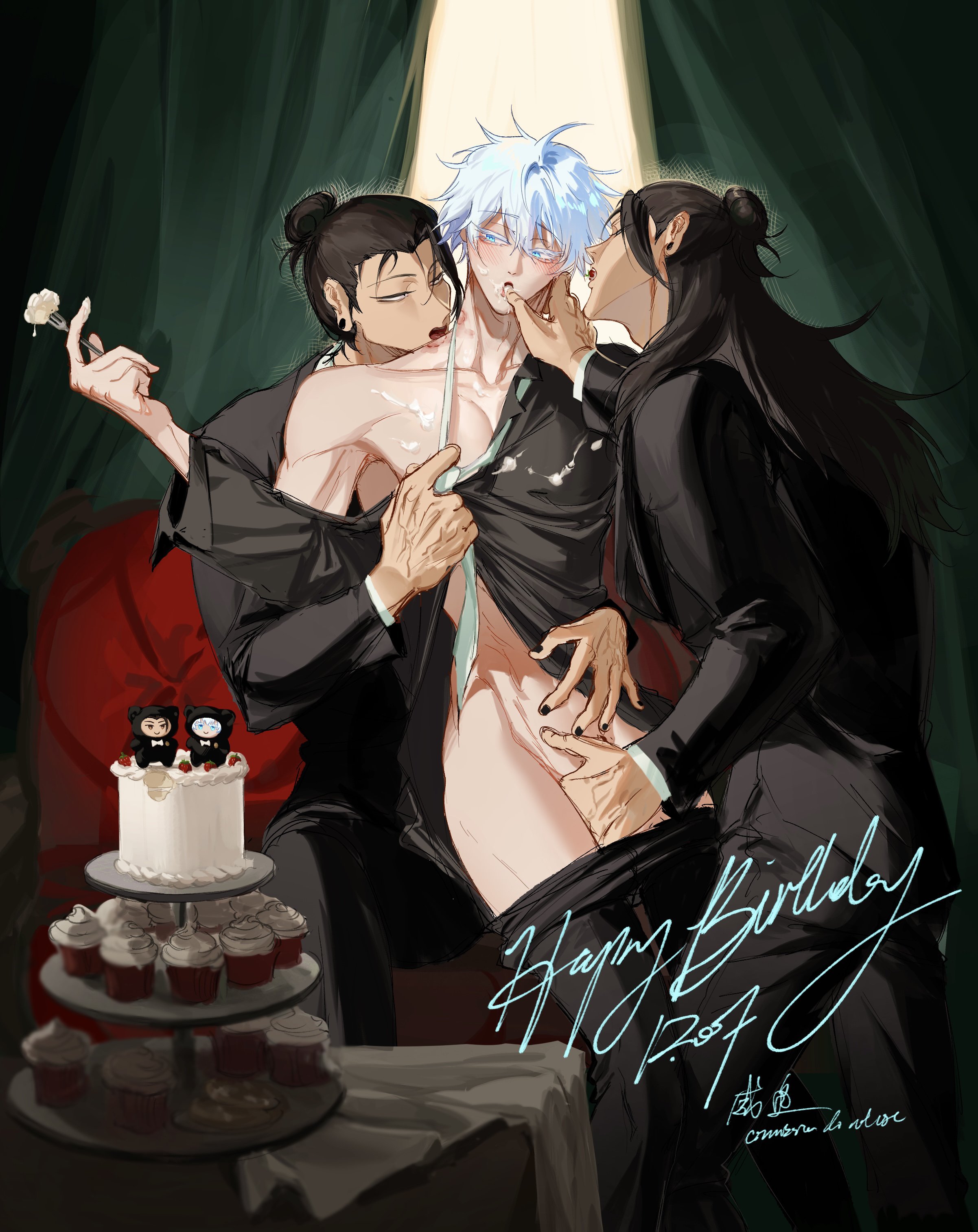 he image is a yaoi fanart depicting three men celebrating a birthday. one man with white hair is in the center, being kissed and touched intimately by two other men, one with black hair and a bun, and another with long black hair. they are all dressed in elegant black suits.  a birthday cake with cupcakes sits on a table in front of them. the scene is dark and suggestive, with a focus on the physical intimacy between the men. there's a happy birthday message written on the image. the art style is soft and painterly with a blend of realism and anime/manga influences.