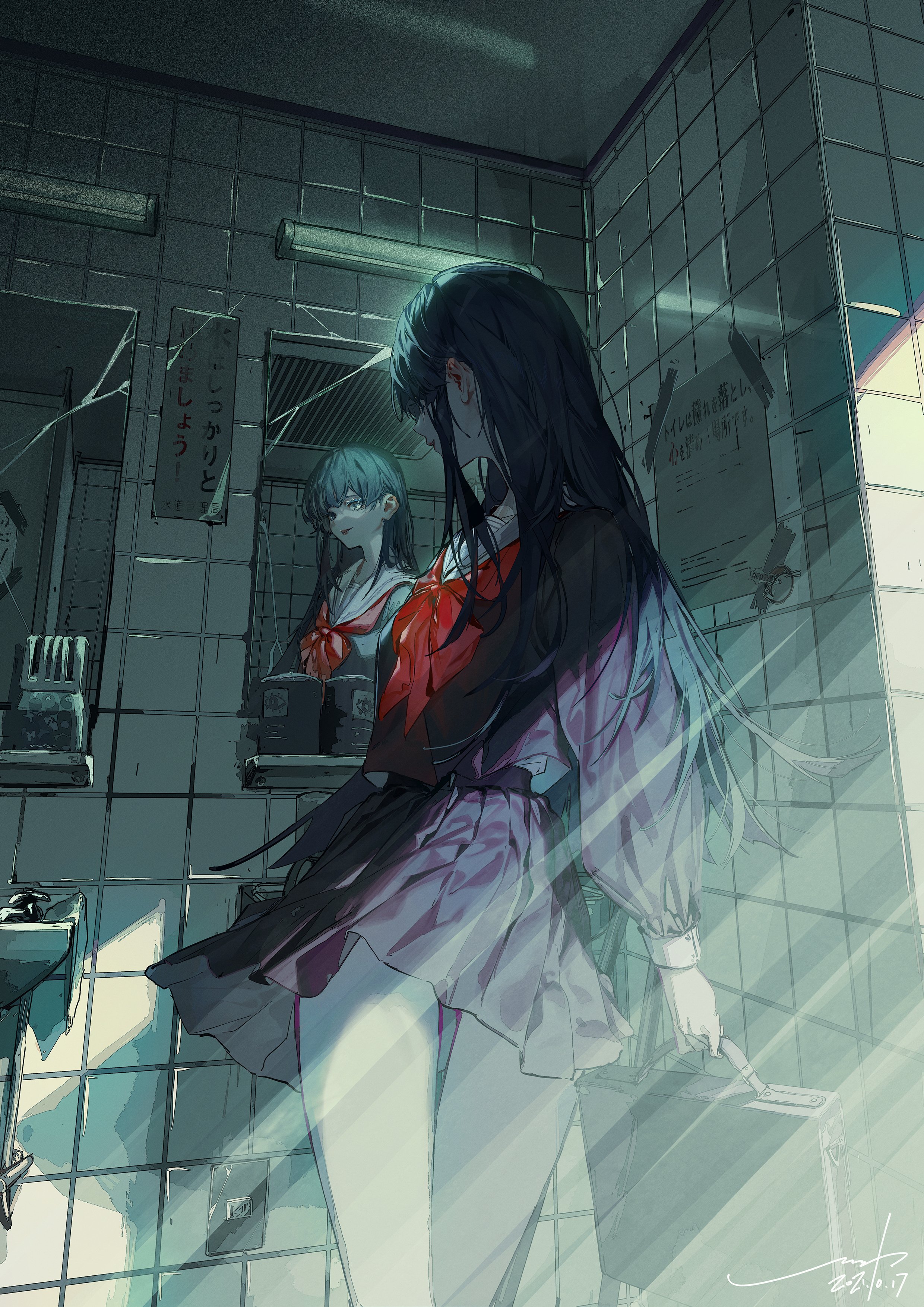 an anime girl in a school uniform is standing in a dark bathroom, looking at her reflection in the mirror. the mirror is cracked and dirty, and the girl's reflection is distorted. the bathroom is dimly lit, and there are shadows on the walls. the girl is wearing a blue, purple, and red school uniform. she has long black hair and blue eyes. she is holding a book in her hand. the image is drawn in a realistic style.