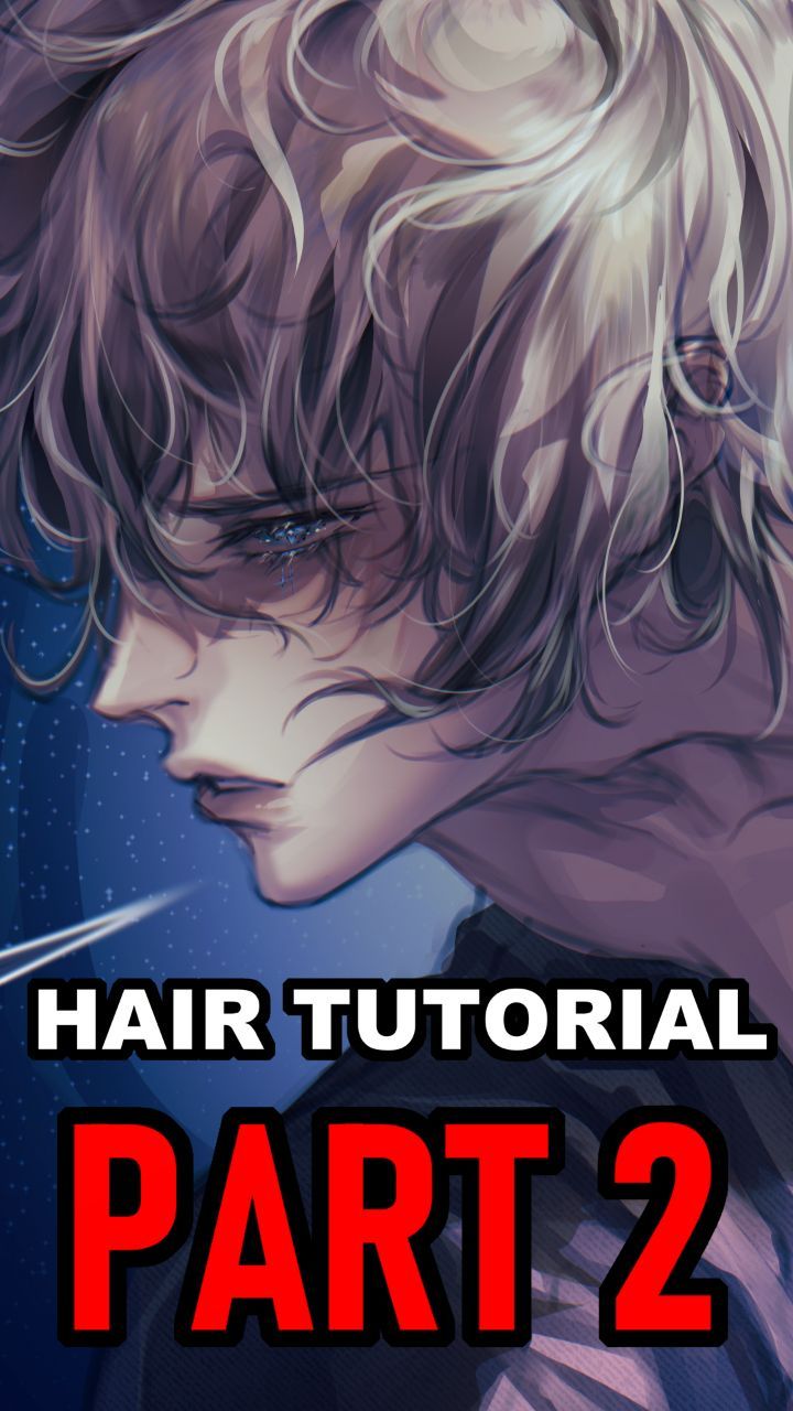 this is a promotional image for a hair drawing tutorial, specifically part 2.  the image features a stylized animestyle male character with long, flowing purple and white hair. the character's face is partially visible, showcasing expressive eyes and a thoughtful expression. the overall aesthetic is dark and moody, with a focus on the detailed rendering of the hair. the text "hair tutorial part 2" is prominently displayed across the image.  the background is a blurred dark blue with hints of a starry sky.