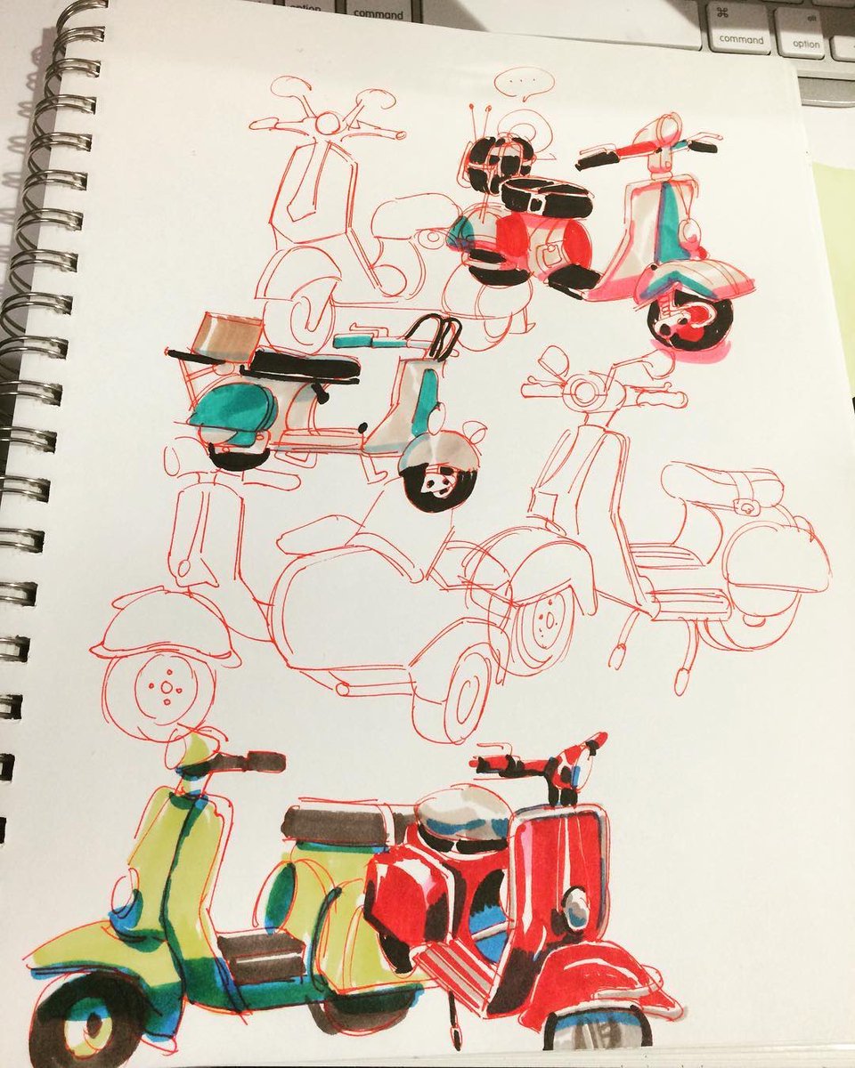 this is a page from a sketchbook containing multiple sketches of scooters from different angles.  the sketches are outlined in red and some are filled in with color. the drawing style is loose and expressive.