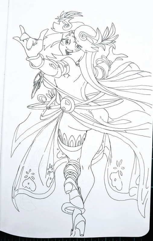 this is a black and white line art drawing of a female anime character. she is dressed in a flowing robe and has long hair with wings. she appears to be a mythical creature with a graceful and elegant pose. the drawing is very detailed and has a beautiful and intricate style.