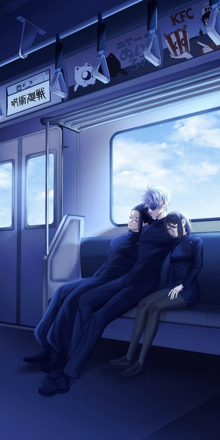 an anime illustration of a group of young people sleeping on a train. the train has blue seats, a large window showing the cloudy blue sky. the passengers are all asleep with their heads leaning on each other.