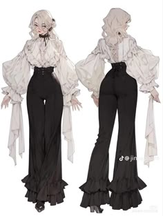 an illustration of an anime woman, standing back to back, with the same outfit. she has a large, white, ruffled, puffed, longsleeved blouse, with black ruffle trim around the sleeves. it is gathered at the waist with a black sash. she is wearing black ruffled trousers that are flared from the knee to the ankles. the woman on the right is facing the camera with her back to the woman on the left. both women have long blonde hair. they are on a white background.