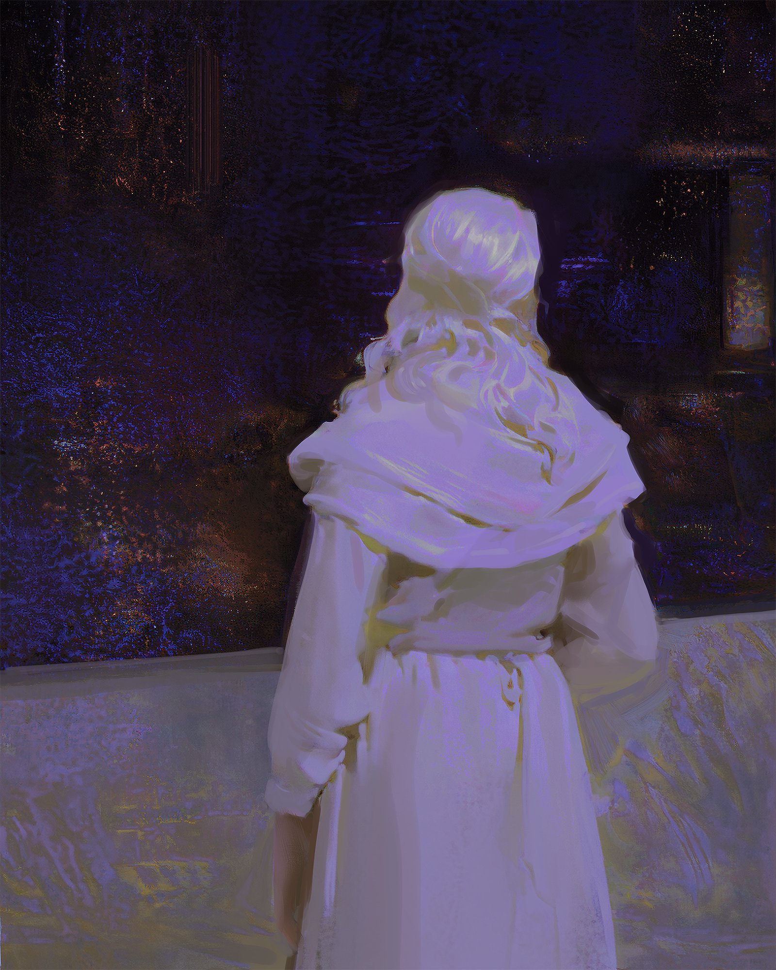 a young woman with long, flowing blonde hair stands in a white coat and dress, turned away from the viewer. her back is to the camera and she is looking towards the left of the image. the background is a dark, blurry scene, possibly a city at night. the light on the woman and her clothing is soft and ethereal, giving the image a mysterious and elegant feel.