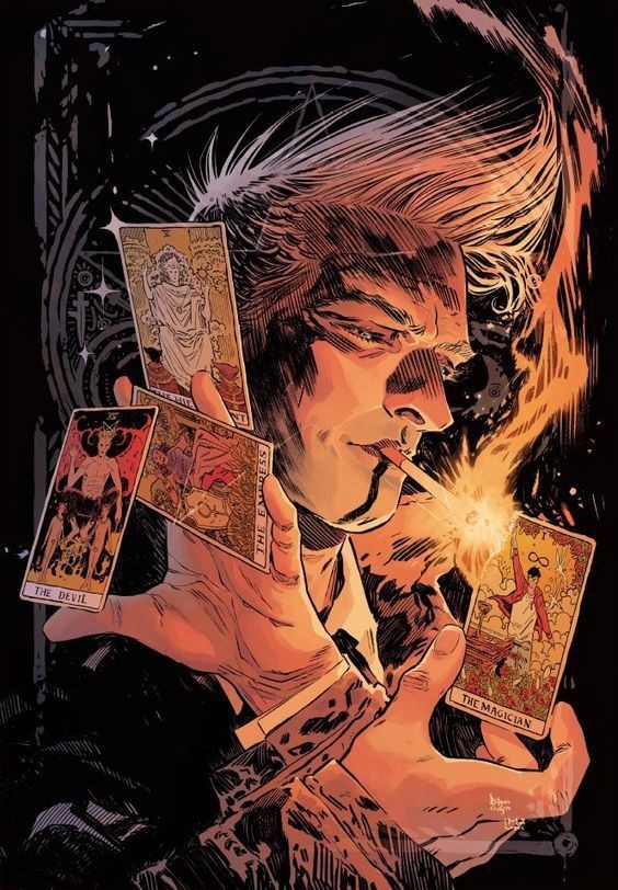 a man with slicked back, almost white hair sits in a shadowy, seemingly lit up by flames. he's holding up four cards, each with a tarot card image. he's smoking a cigarette and looks mysterious and powerful. the overall feel of the image is mysterious and dramatic.