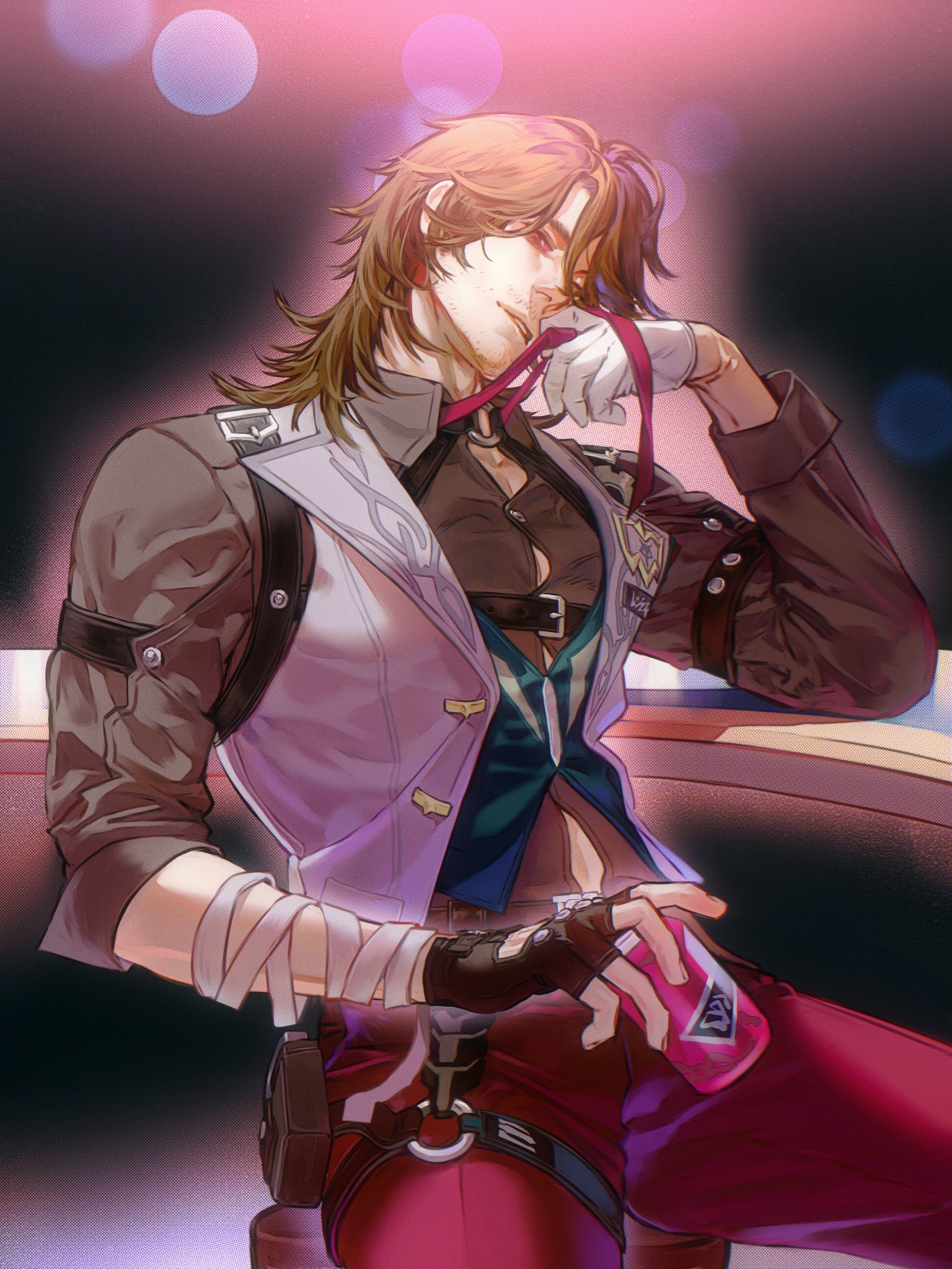 this is a digital art illustration of an anime character sitting in a lounge chair. he is wearing a white jacket, a blue vest, and red pants with black belts. he is holding a pink drink in his right hand and has a white glove on his left hand. the lighting in the picture is pink and purple.