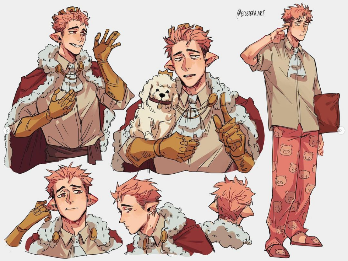 a digital illustration of a male elf character with pink hair and pointy ears in various poses and outfits. he is depicted as a prince with a crown, cape, and golden arm, as well as in casual clothing. he is also shown with a small white dog. the overall style is cartoonish and expressive.
