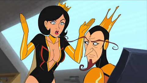 a cartoon image features a woman with black hair and a gold crown, wearing a black bodysuit with gold and red accents, gesturing with raised hands and a surprised expression. next to her, a man with a similar crown and a long, pointy nose, wearing a gold suit, looks off to the side with a serious expression. they appear to be in an animated scene.