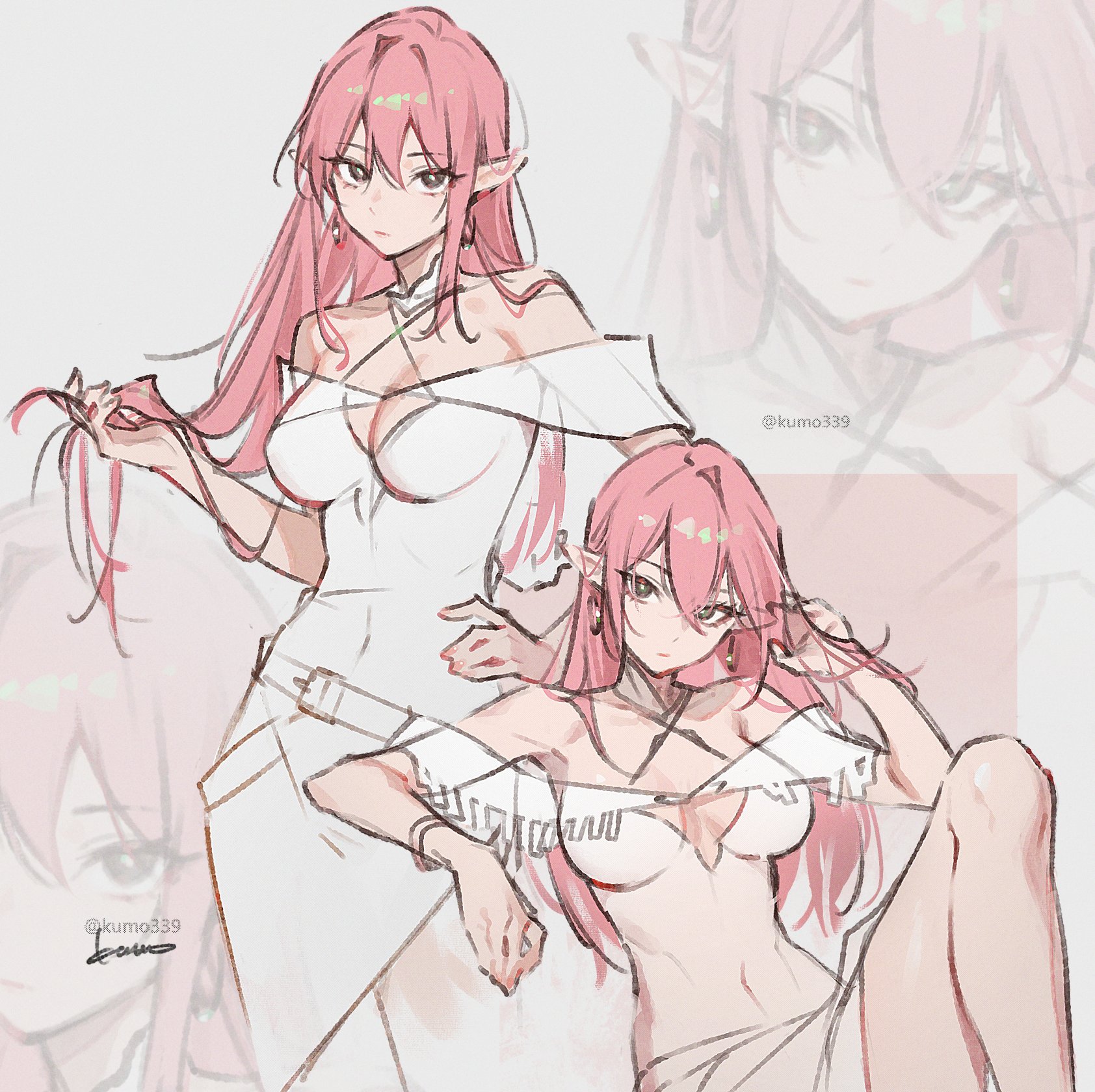 the image is a digital artwork depicting a female animestyle character with pink hair and elflike ears. she is wearing a white dress and has a fair complexion. the composition includes multiple iterations of the character in different poses and levels of detail. the artwork has a light and airy feel.