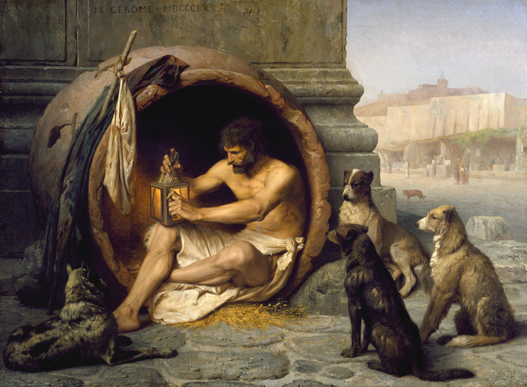 this is a painting by j.l. gerome, titled after the subject matter, diogenes. the painting depicts the greek philosopher, diogenes, sitting inside a large barrel, which is his home. he is holding a lit lantern and appears to be looking at it intently. several dogs surround the barrel, some lying down, others sitting. in the background, there is a cityscape with a marketplace and people walking around. a classical column is behind the barrel. the man is partially nude wearing only a white cloth over him.