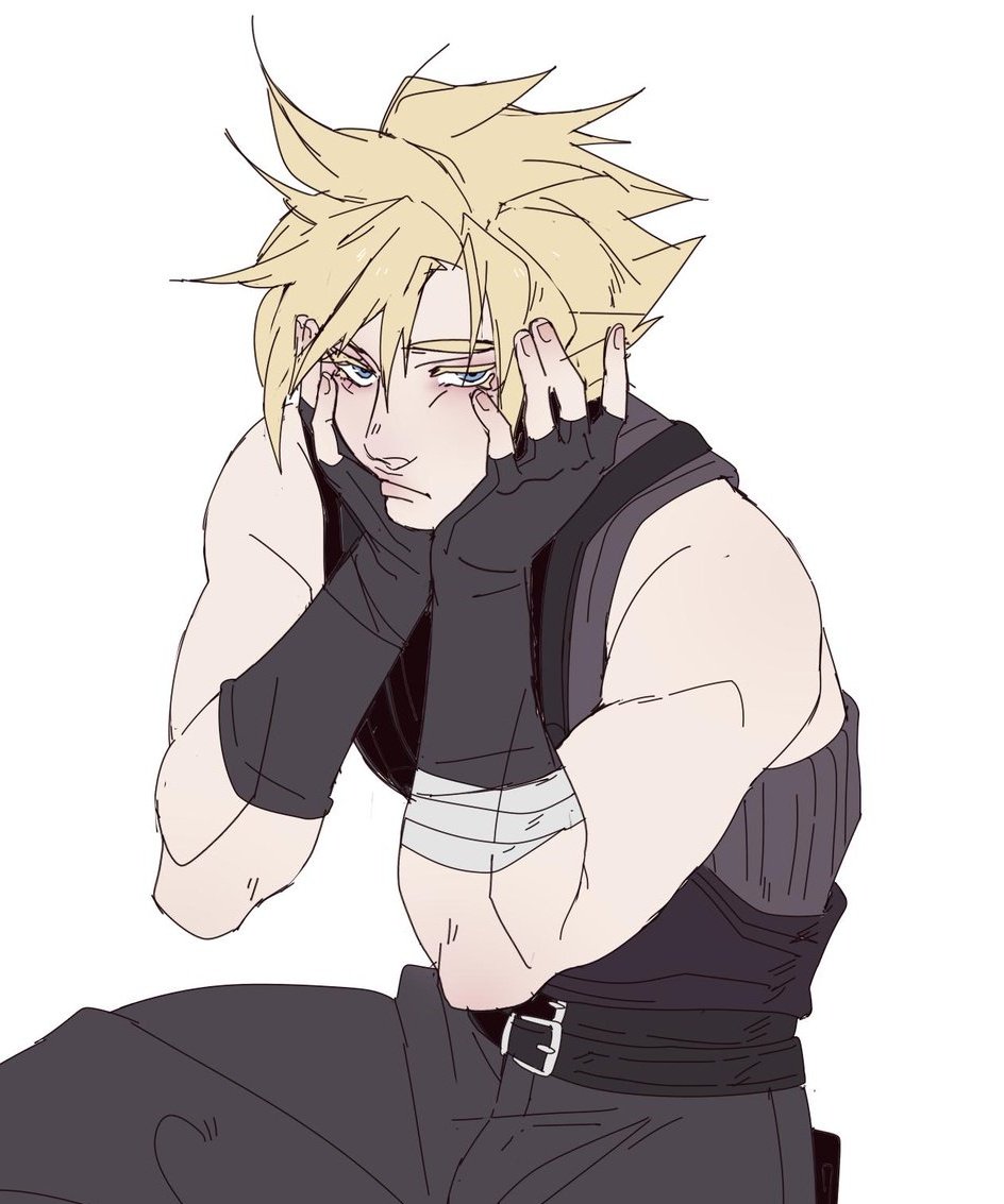 this is an anime style illustration of a male character with blond hair and blue eyes. he is wearing black clothes and gloves, and he has a worried or sad expression on his face. he is sitting and has his hands on his face. the drawing style is simple and clean.