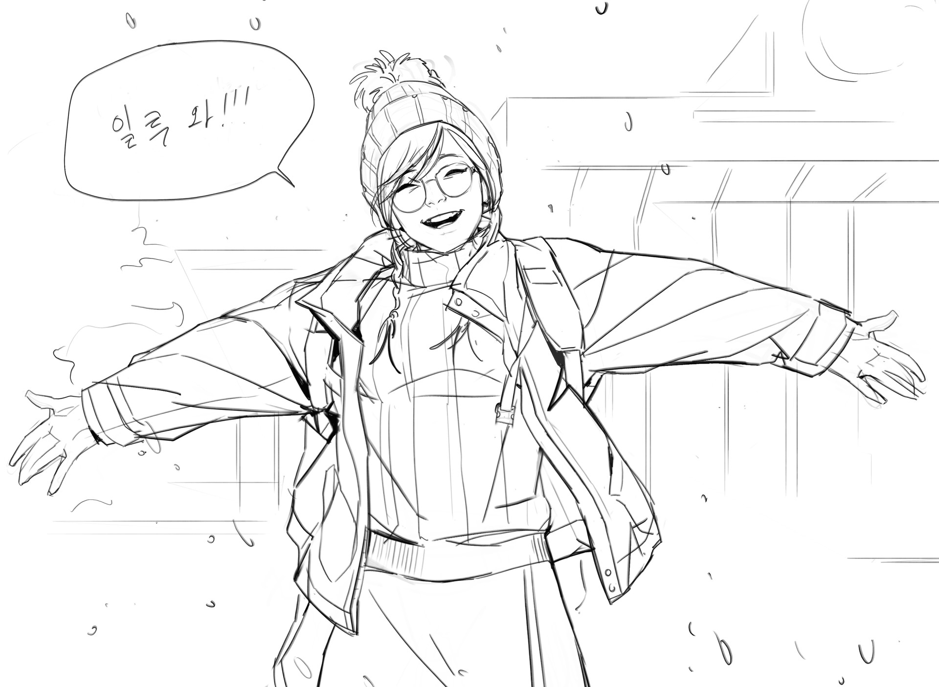a black and white line art sketch of an animestyle girl happily standing outside in the winter. she is wearing a winter hat, glasses, a jacket and a sweater.  korean text is visible in a speech bubble above her head. the style is loose and expressive, characteristic of a quick sketch or concept art.  the background suggests a snowy or lightly snowing environment with simple building lines visible.