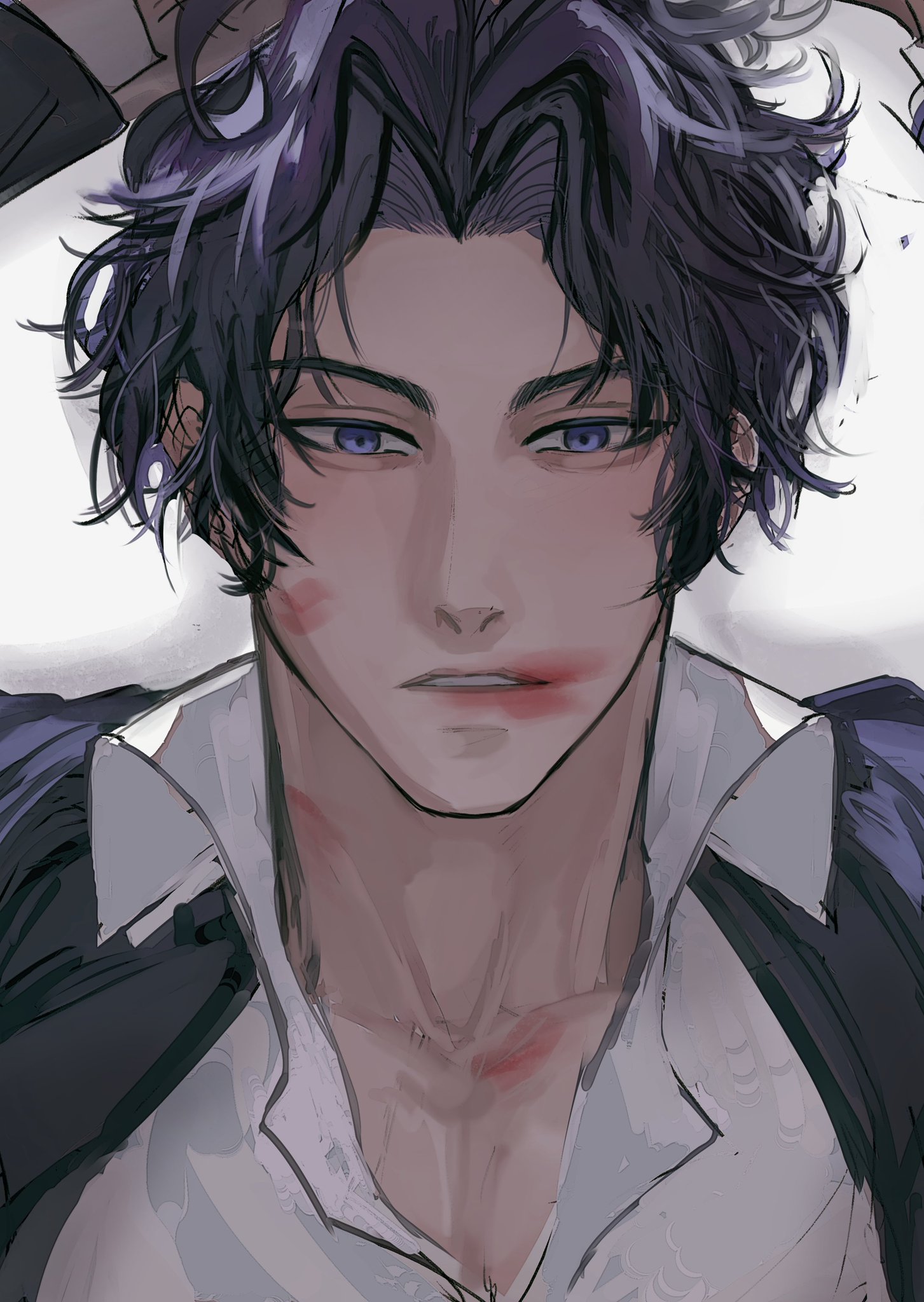 a closeup portrait of a young anime boy with purple hair and blue eyes. he is wearing a suit and a white shirt and has a bored expression on his face. he has a red mark on his cheek, as if from a kiss, and his eyes are downcast. the drawing style is realistic and detailed, with soft shading and highlights.  the overall mood of the image is melancholic and slightly sad.