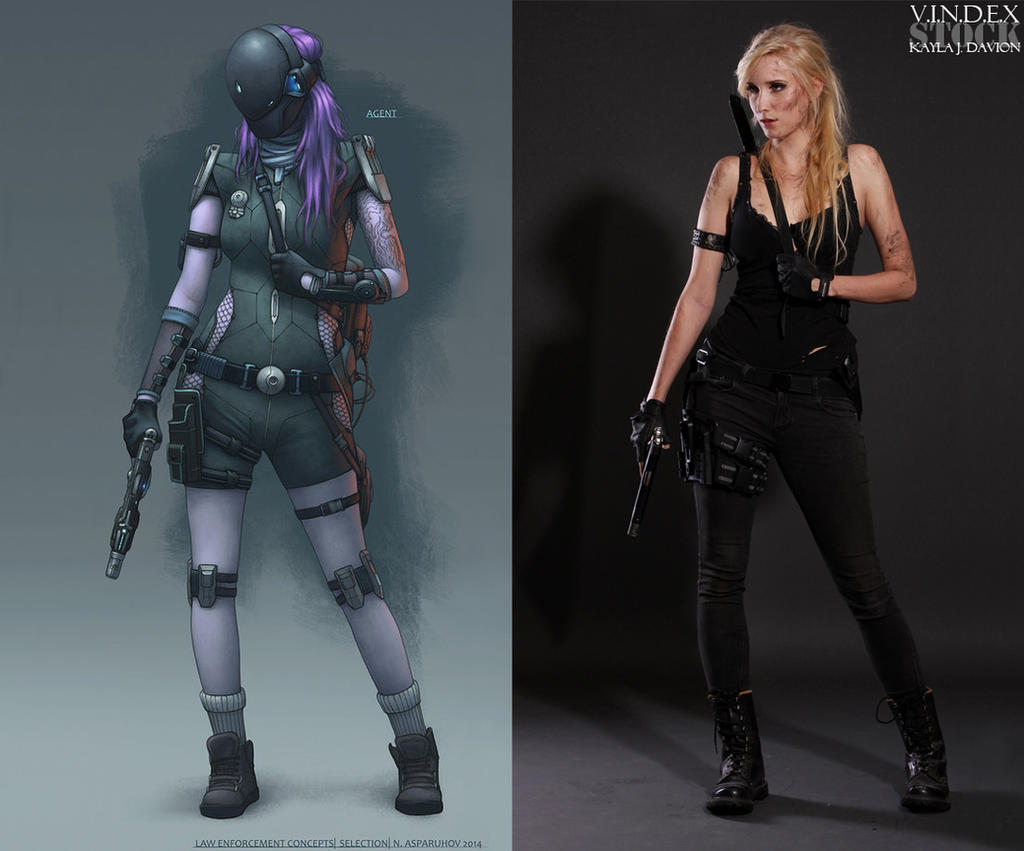 the image is a split view. the left side shows a digital painting of a female law enforcement agent in a cyberpunk setting. she's wearing a futuristic suit, helmet, and carrying a pistol.  the right side displays a photograph of a woman in realistic cosplay, recreating the digital character design on the left. the cosplay is highly accurate, mirroring the costume, pose, and overall aesthetic of the digital art.  both sides showcase a strong, female character in tactical attire. the image clearly credits the artist (n.asparuhiov) of the digital art and the cosplayer (kayla j. davison).