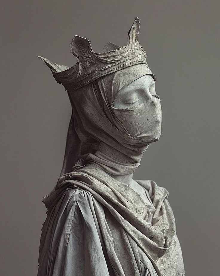 the image is a photograph of a graytoned statue or sculpture of a regal figure, possibly a queen or saint. the figure is wearing a crown and a veil that covers much of the face, with the eyes closed. draped fabric is arranged around the shoulders, giving the impression of classical or religious attire. the overall aesthetic is aged and historical, evocative of antiquity.